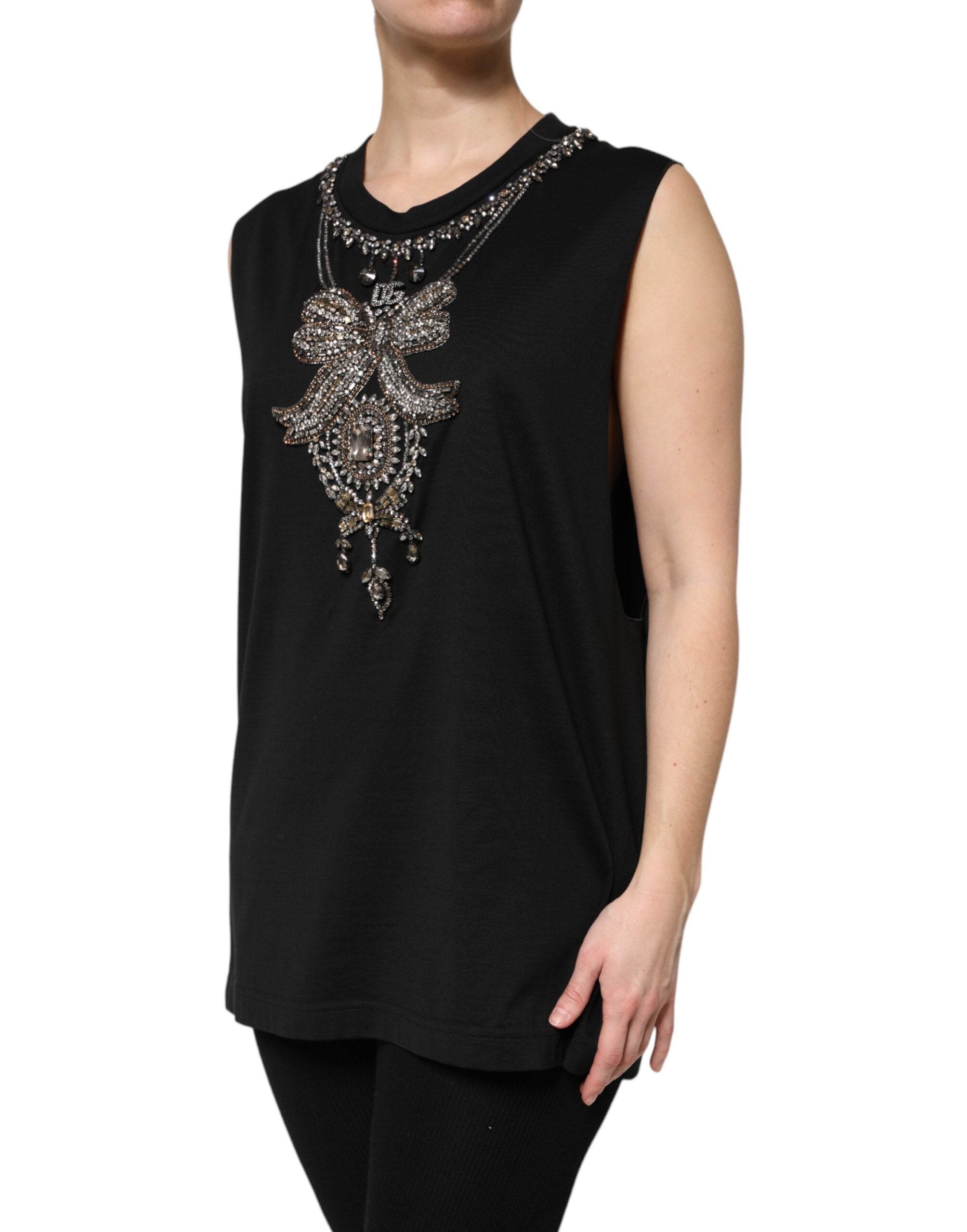 Black Cotton Rhinestone Embellished Tank Top - ventzia