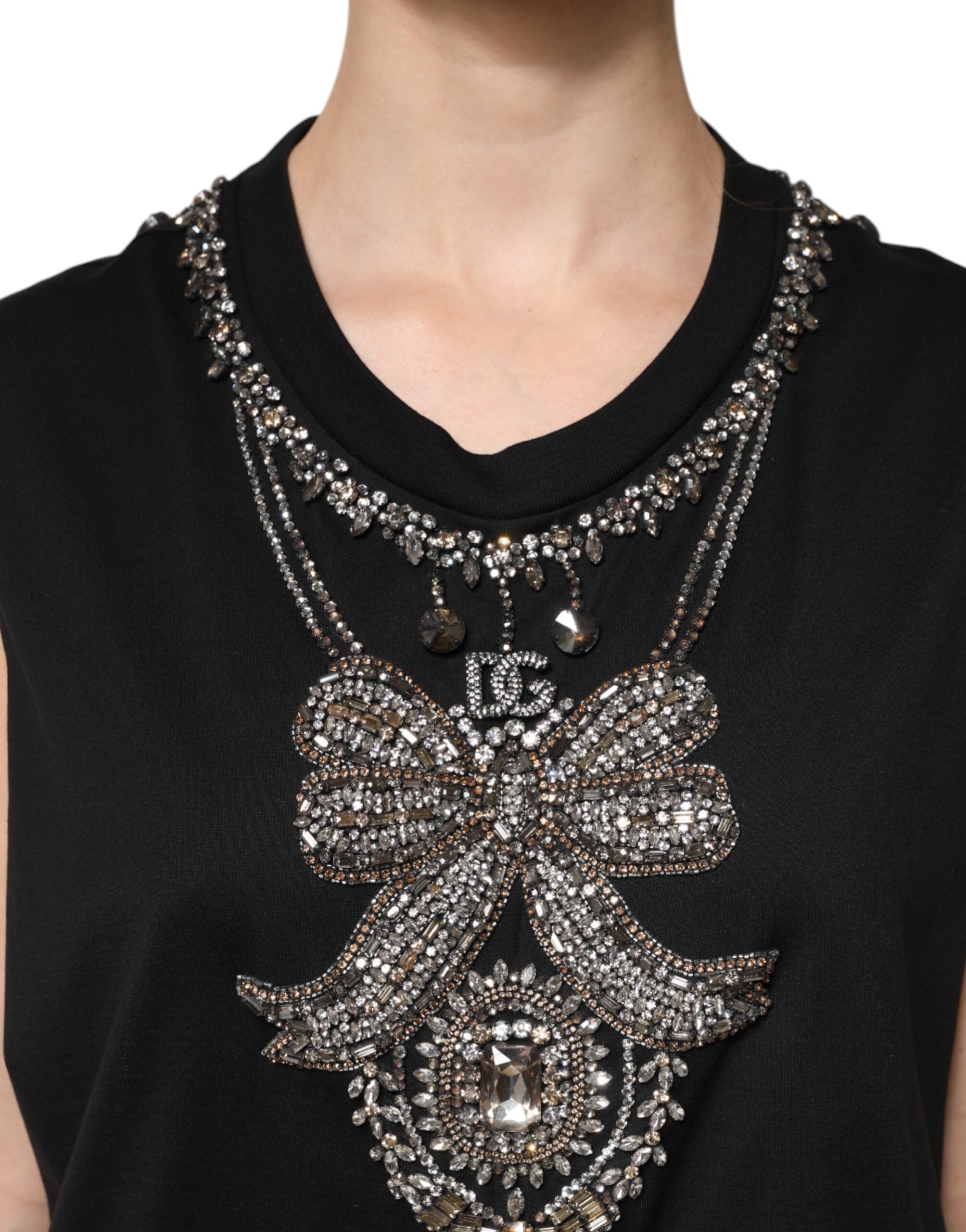 Black Cotton Rhinestone Embellished Tank Top - ventzia