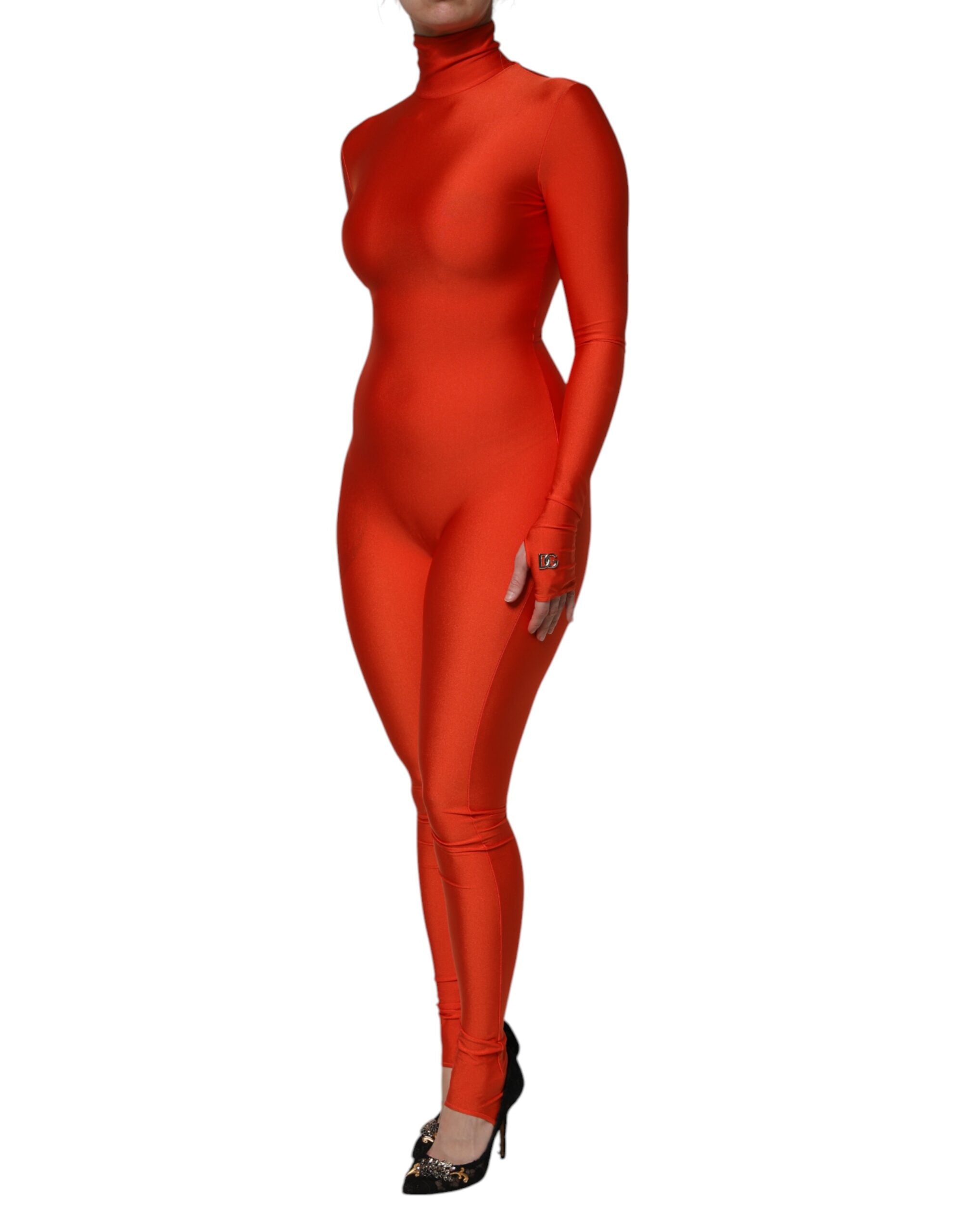 Red Nylon Turtleneck Bodycon Jumpsuit Dress - ventzia