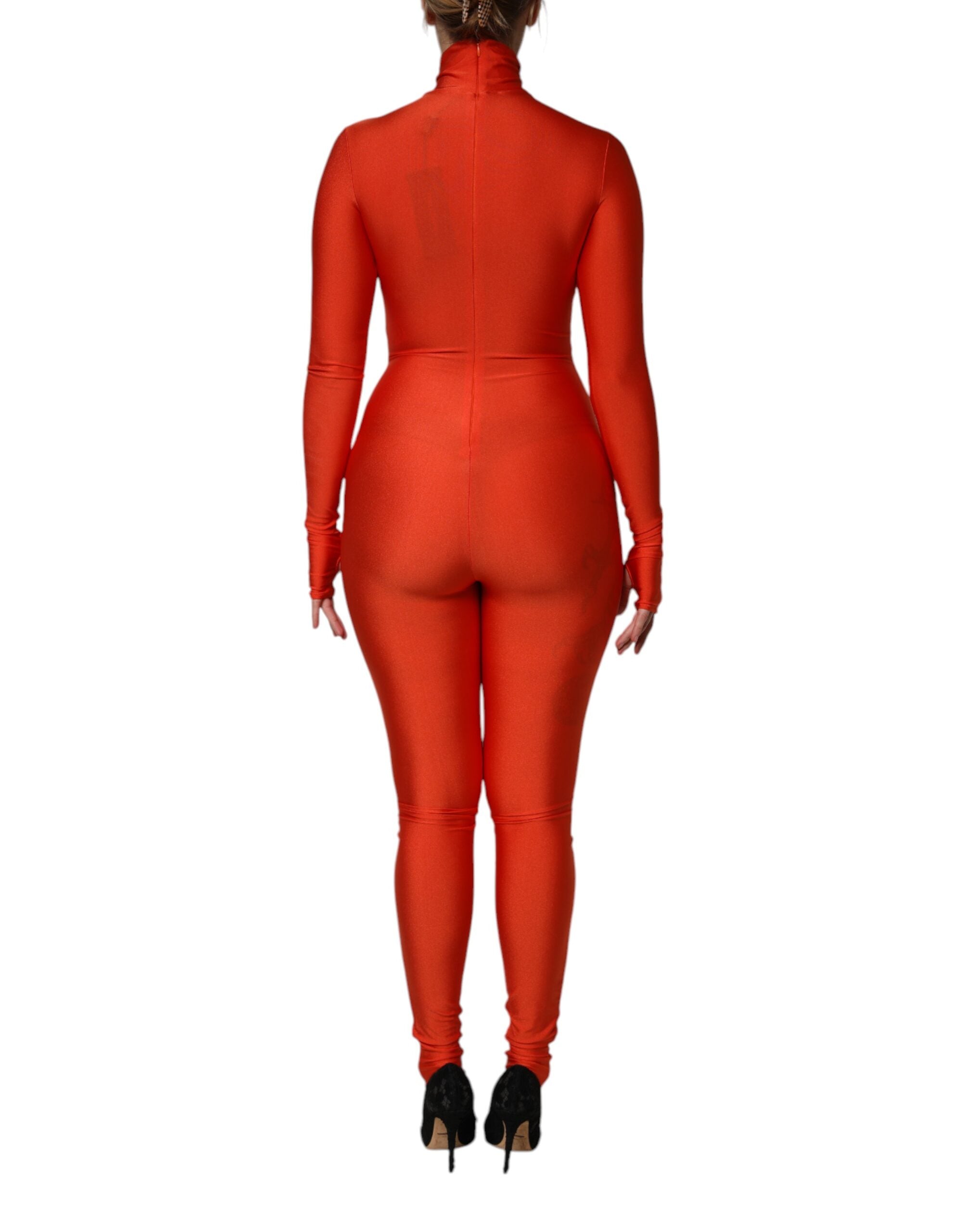 Red Nylon Turtleneck Bodycon Jumpsuit Dress - ventzia