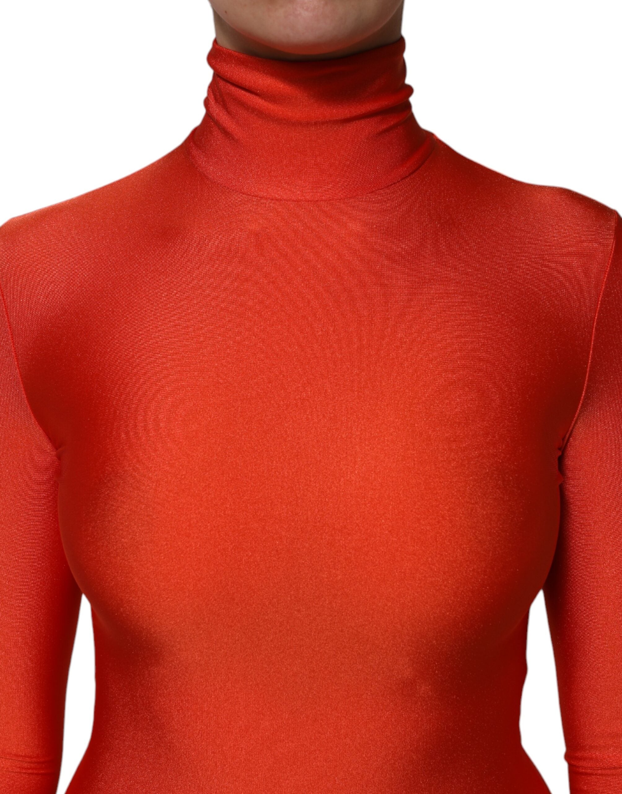 Red Nylon Turtleneck Bodycon Jumpsuit Dress - ventzia
