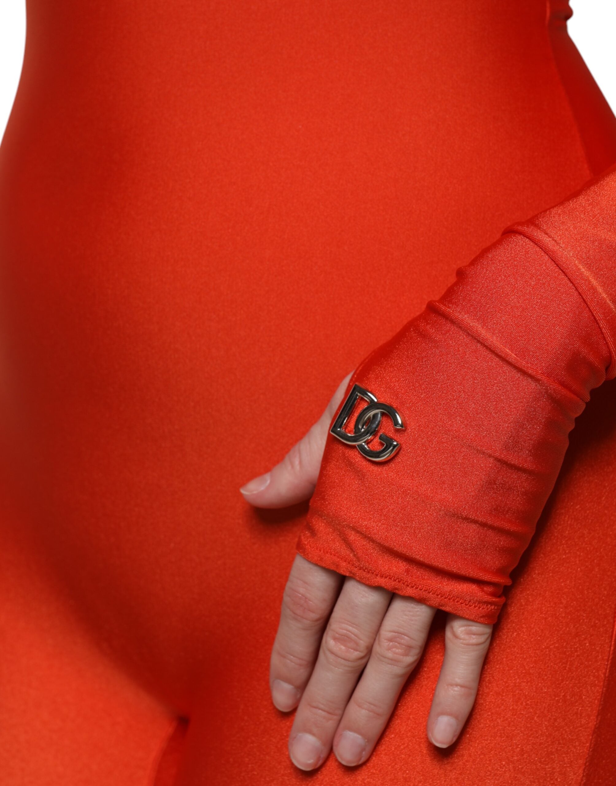 Red Nylon Turtleneck Bodycon Jumpsuit Dress - ventzia