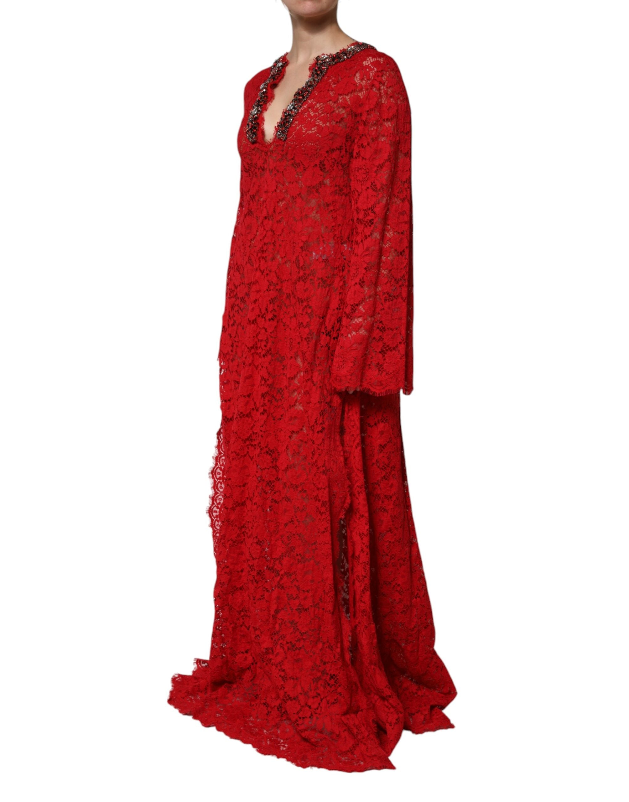 Red Floral Lace Rhinestone Embellished Dress - ventzia