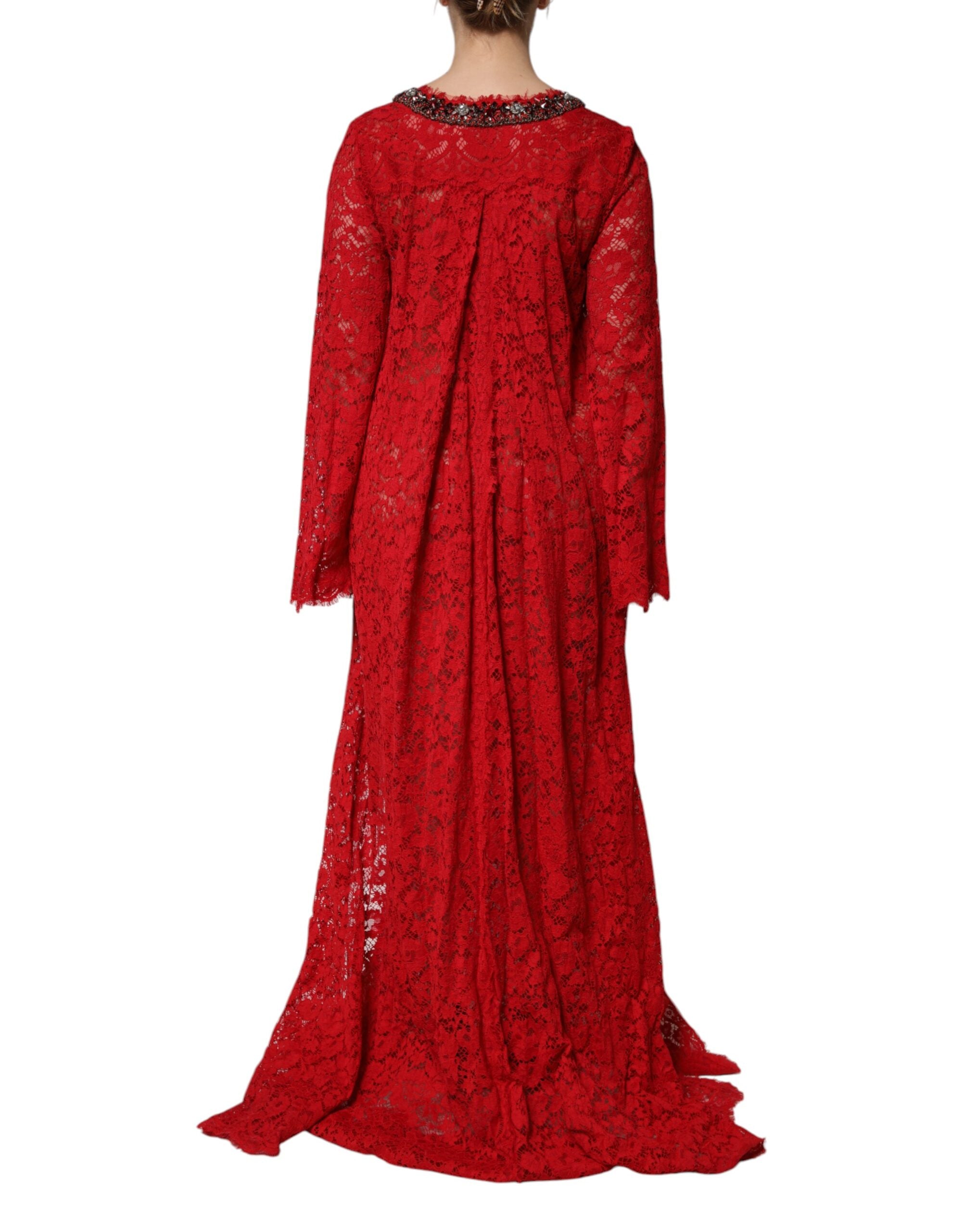 Red Floral Lace Rhinestone Embellished Dress - ventzia