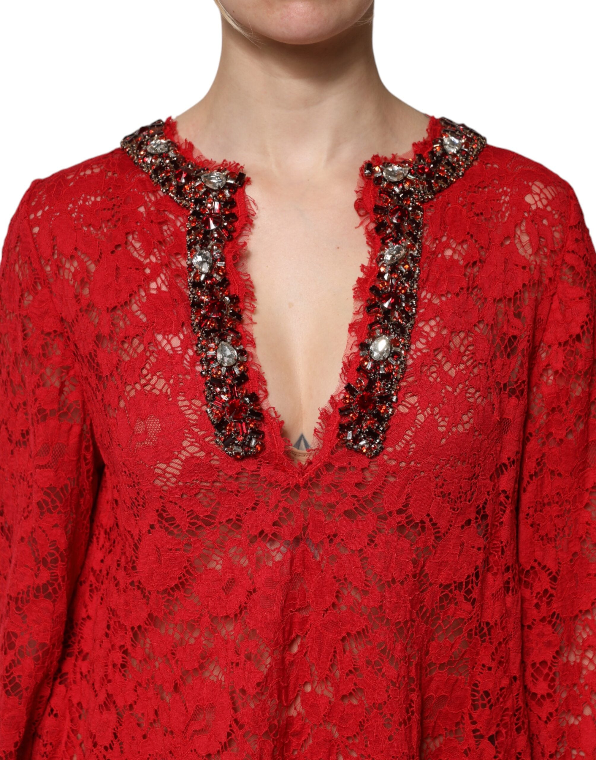 Red Floral Lace Rhinestone Embellished Dress - ventzia