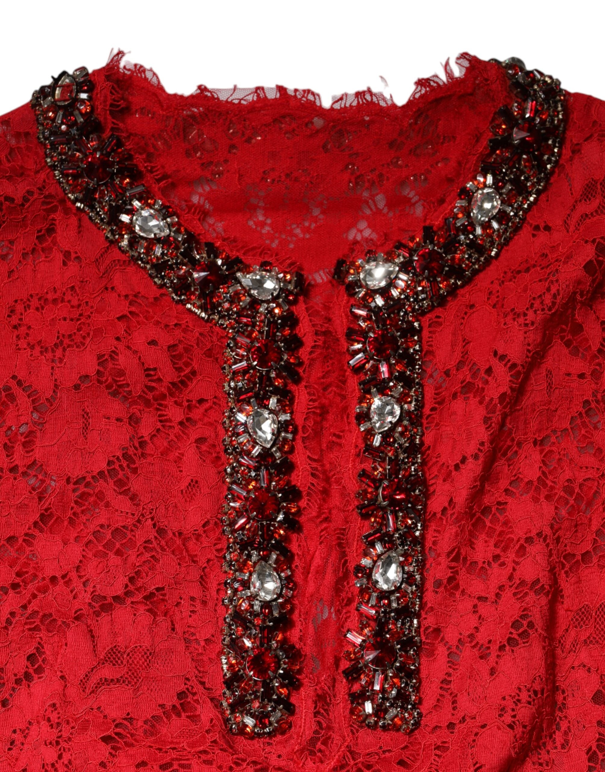 Red Floral Lace Rhinestone Embellished Dress - ventzia