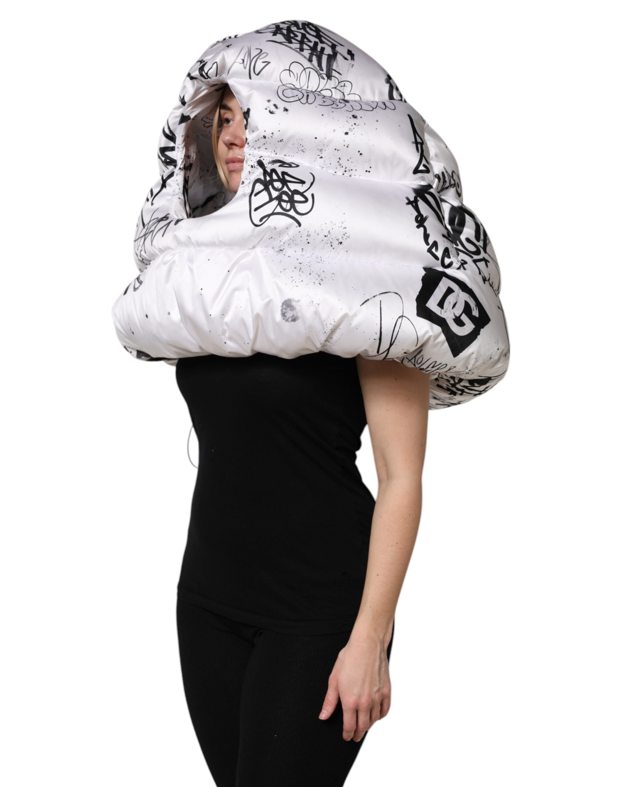 White Polyester Printed Hood Quilted Hat - ventzia