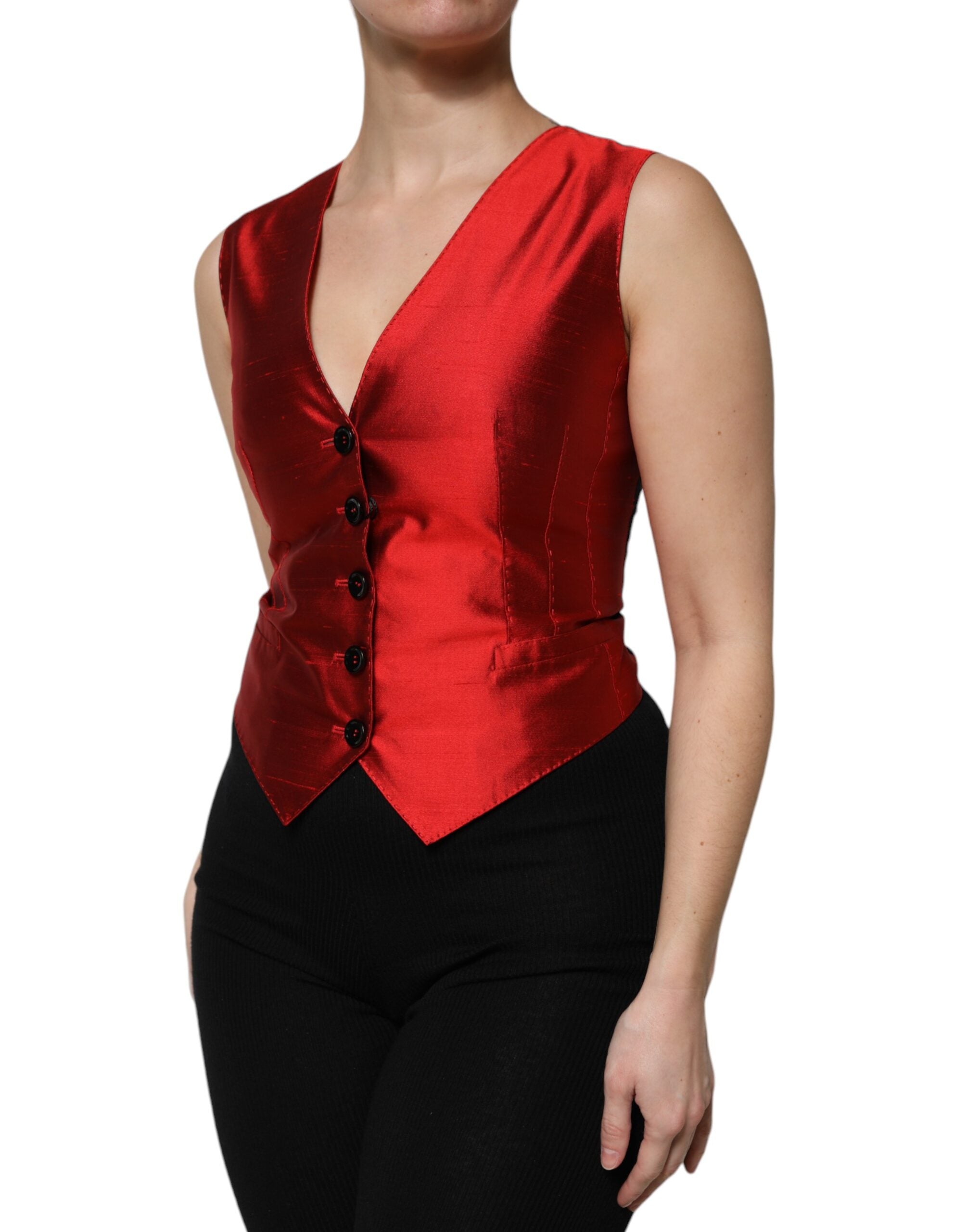 Red Black Button Down Sleeveless Vest Top - ventzia