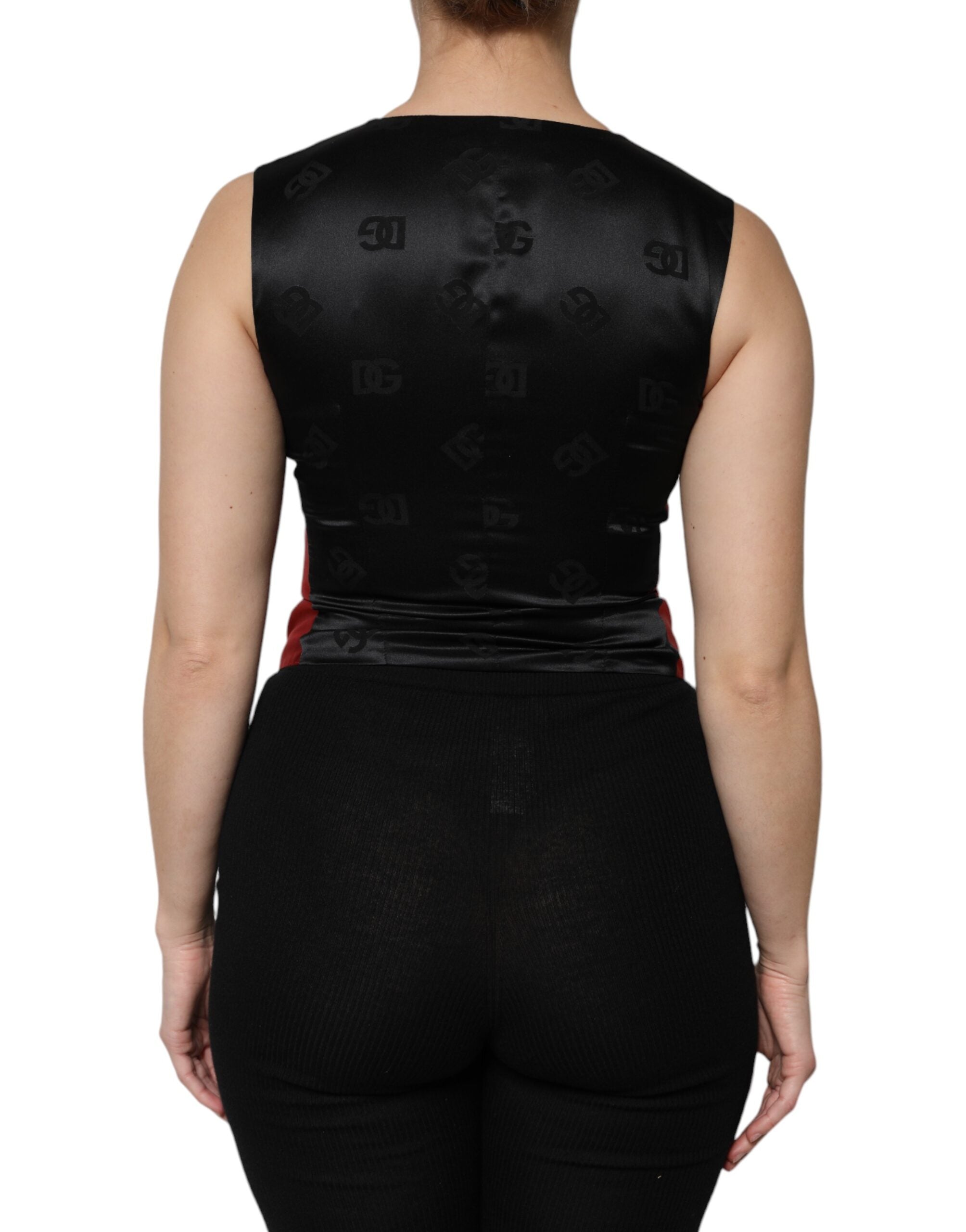 Red Black Button Down Sleeveless Vest Top - ventzia