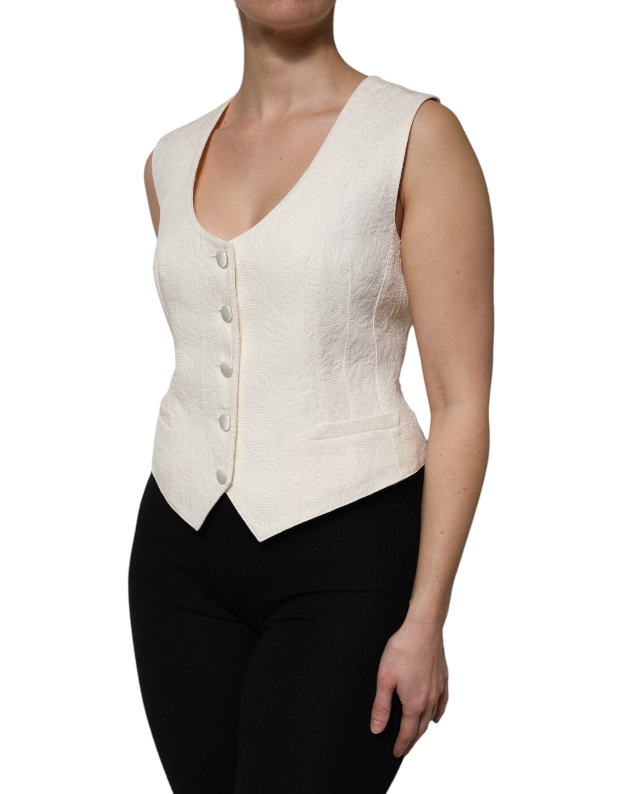 Ivory Cotton Button Down Sleeveless Vest Top - ventzia