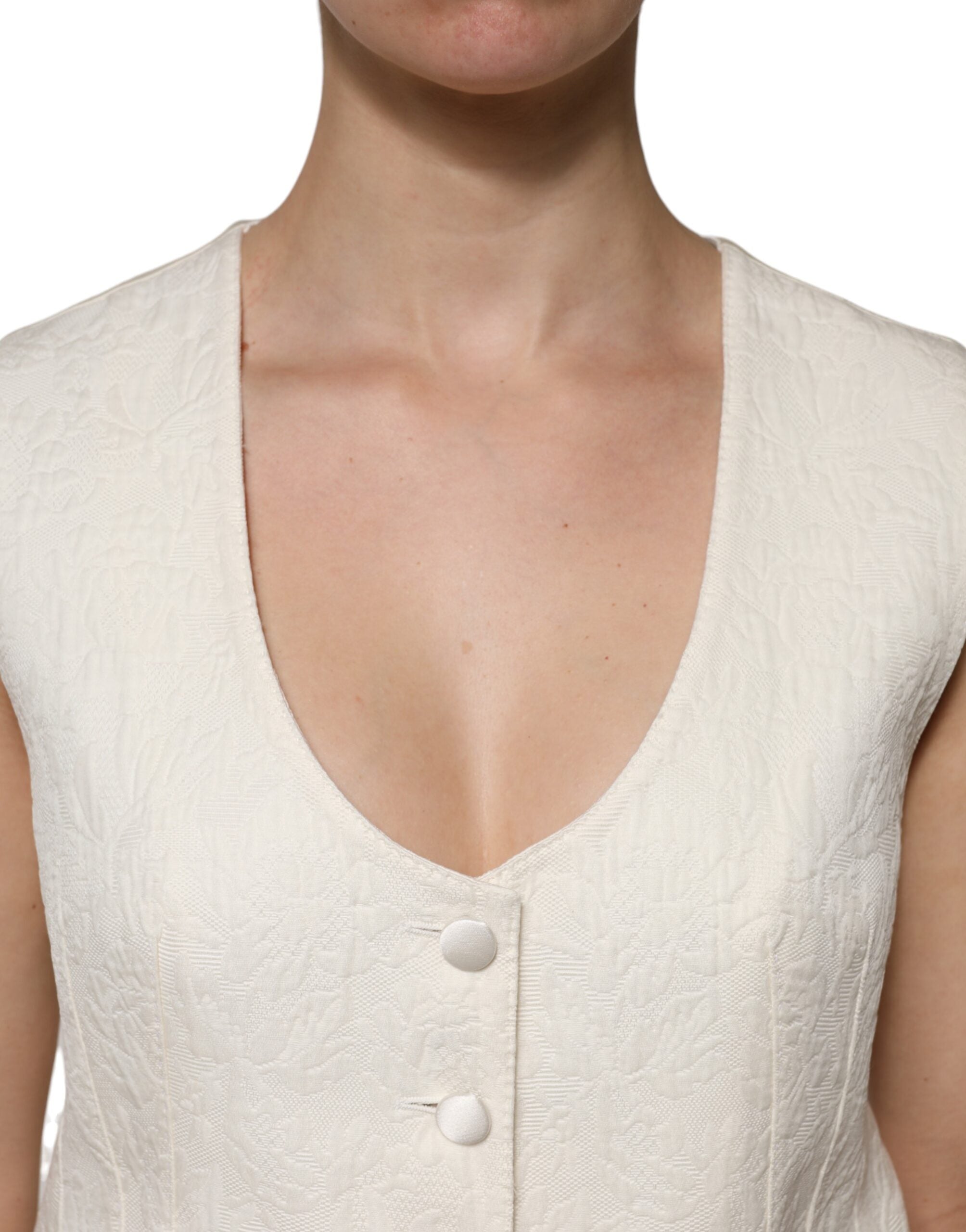Ivory Cotton Button Down Sleeveless Vest Top - ventzia