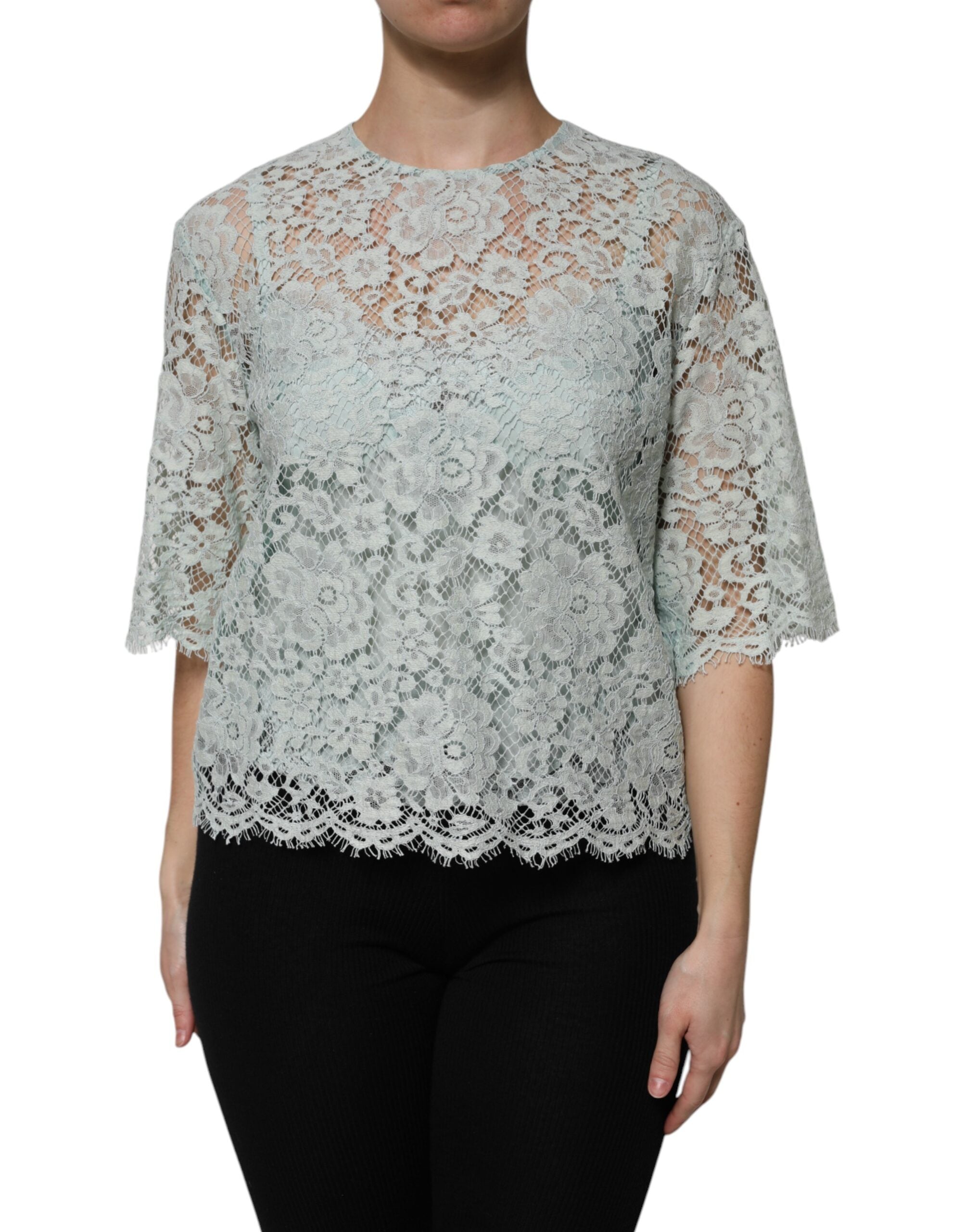 Mint Green Floral Lace Cotton Blouse Top - ventzia