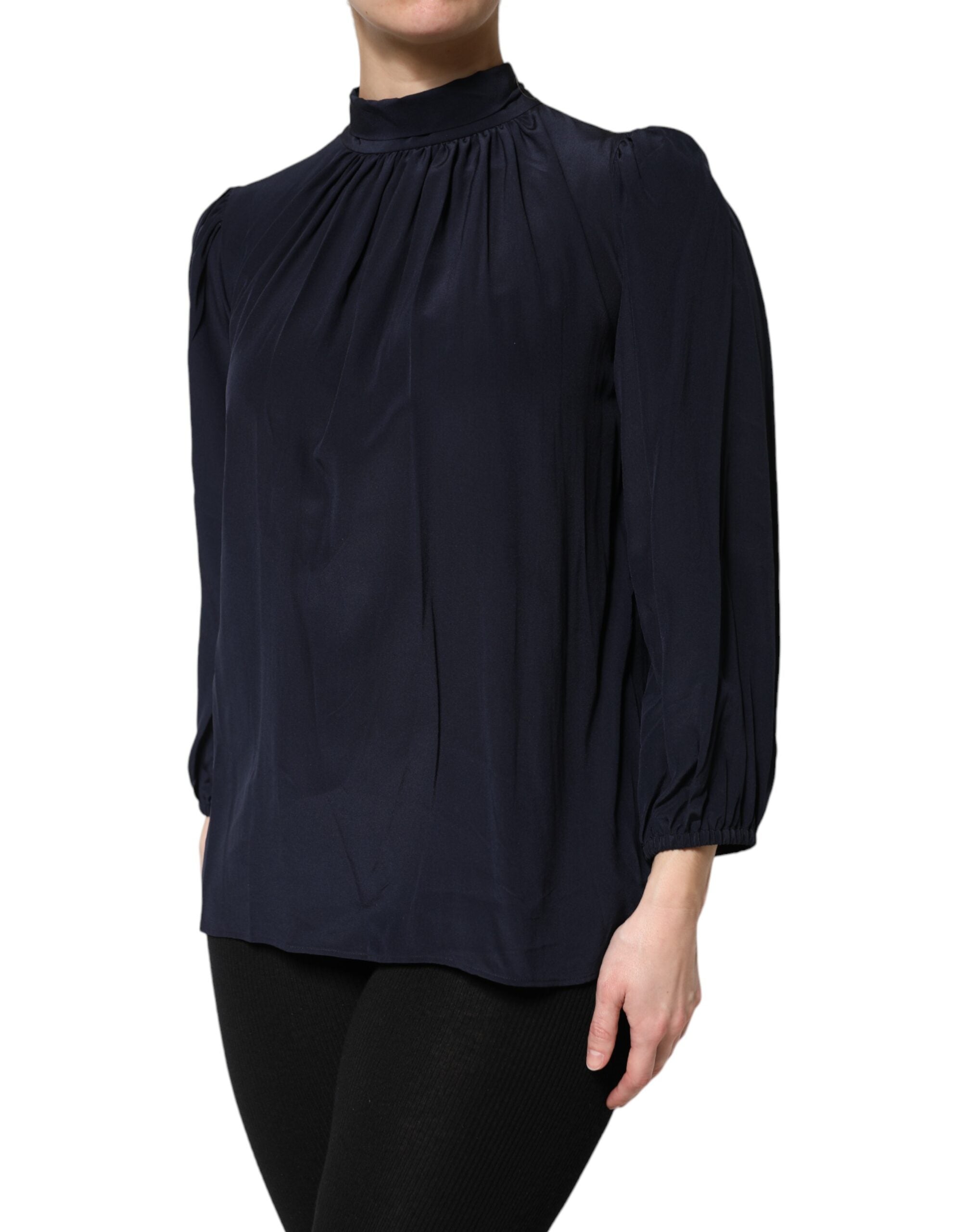Blue Silk Mock Neck Long Sleeves Blouse Top - ventzia