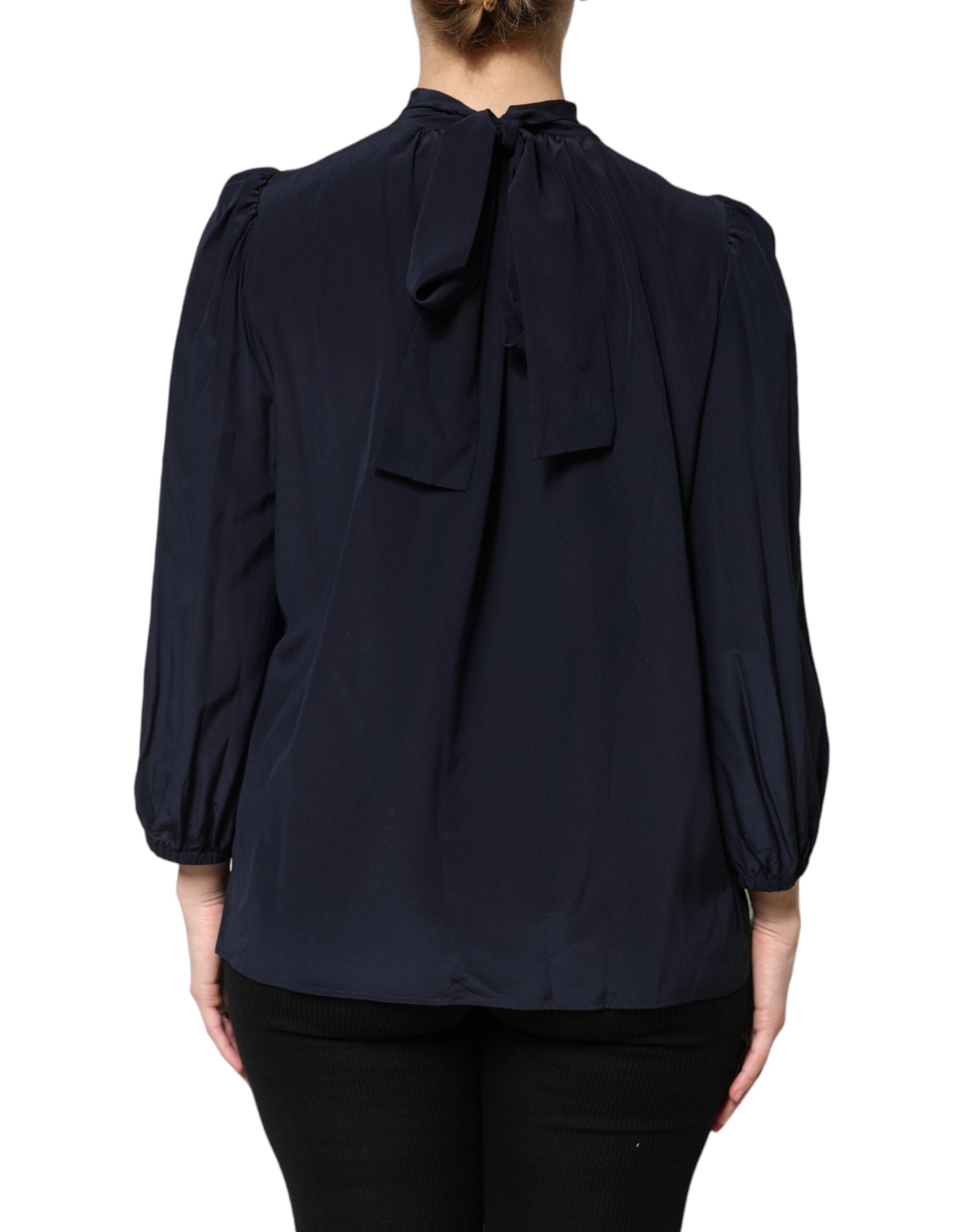 Blue Silk Mock Neck Long Sleeves Blouse Top - ventzia