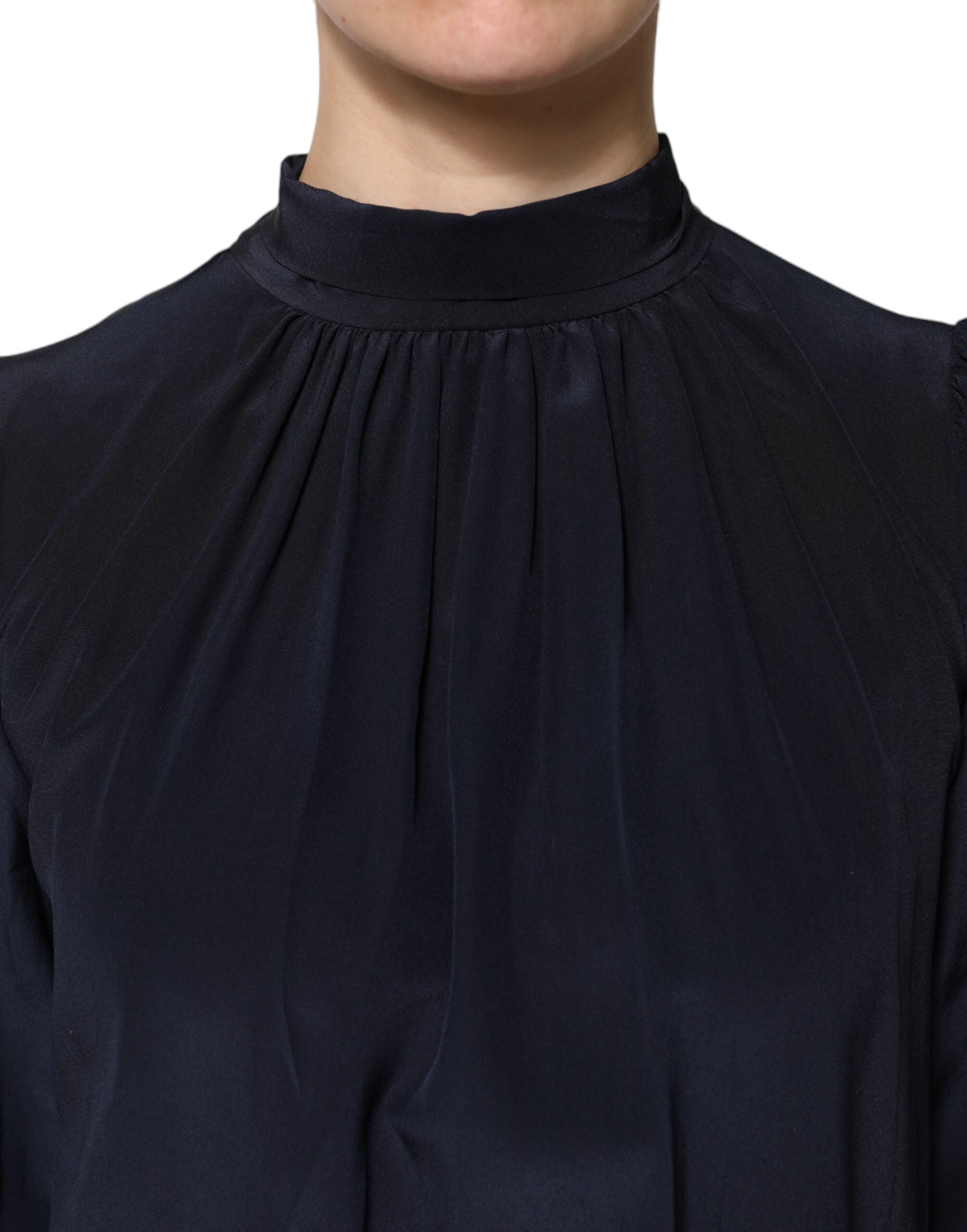Blue Silk Mock Neck Long Sleeves Blouse Top - ventzia