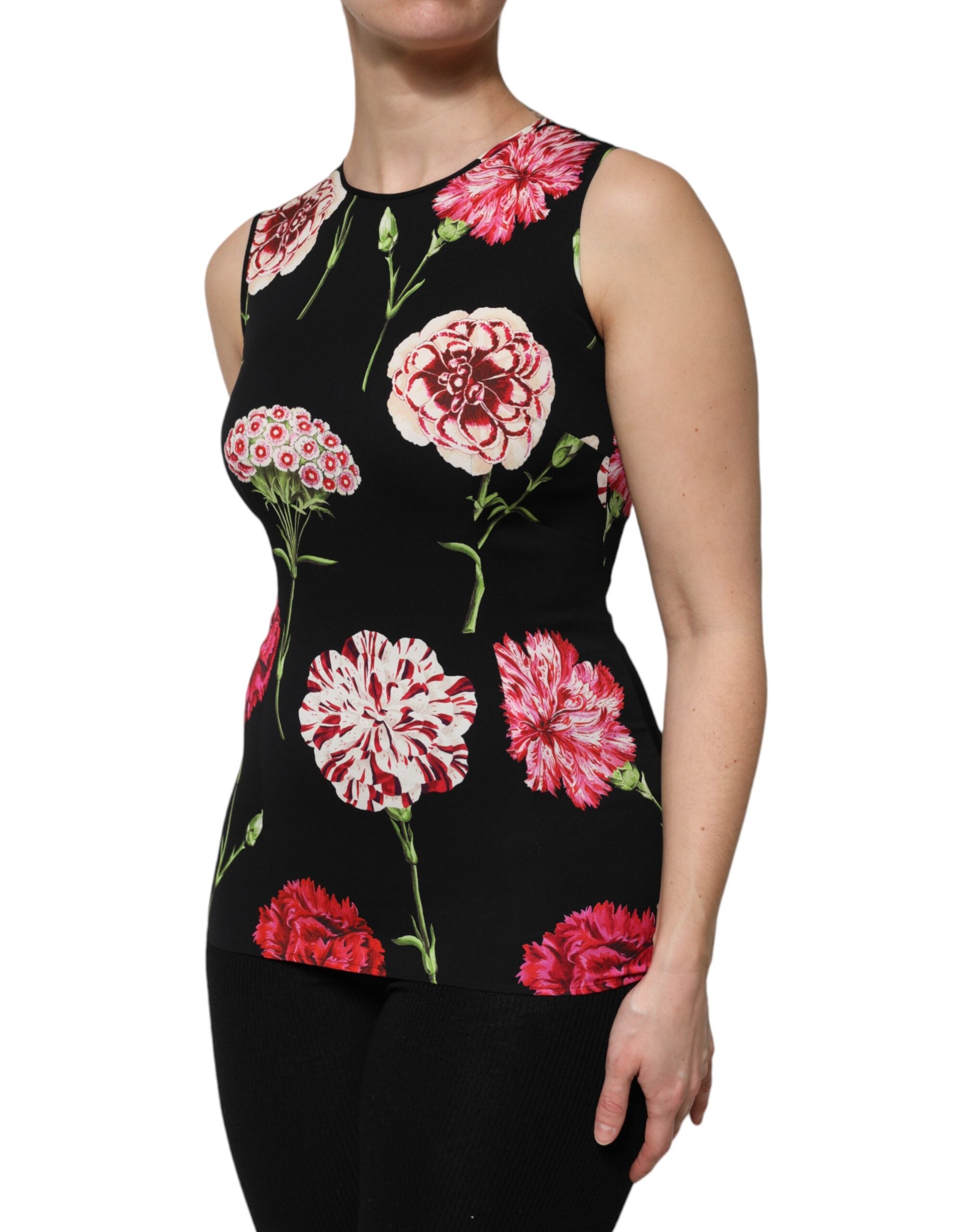 Black Floral Print Sleeveless Tank Blouse Top - ventzia
