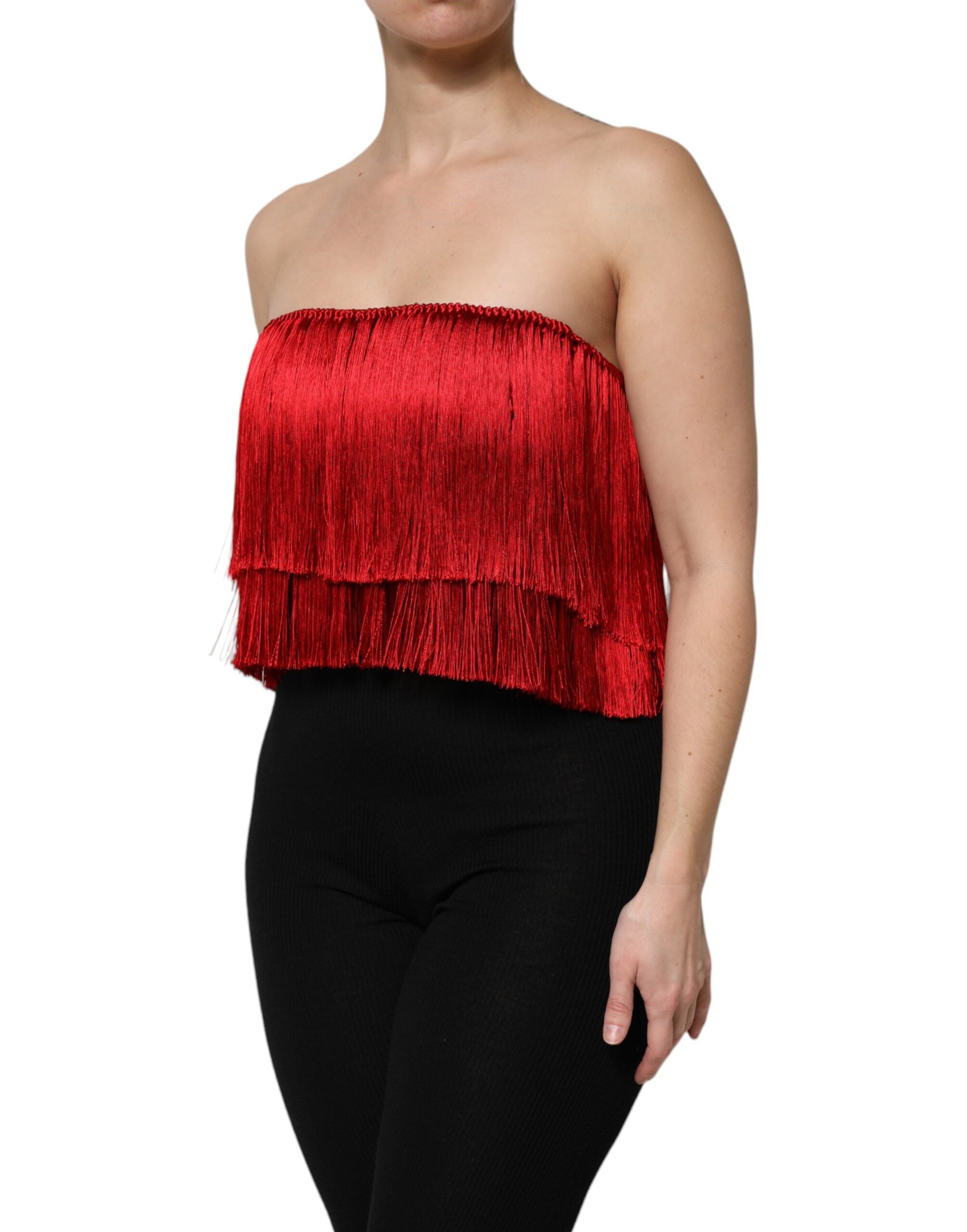 Red Silk Strapless Fringe Crop Tube Top - ventzia
