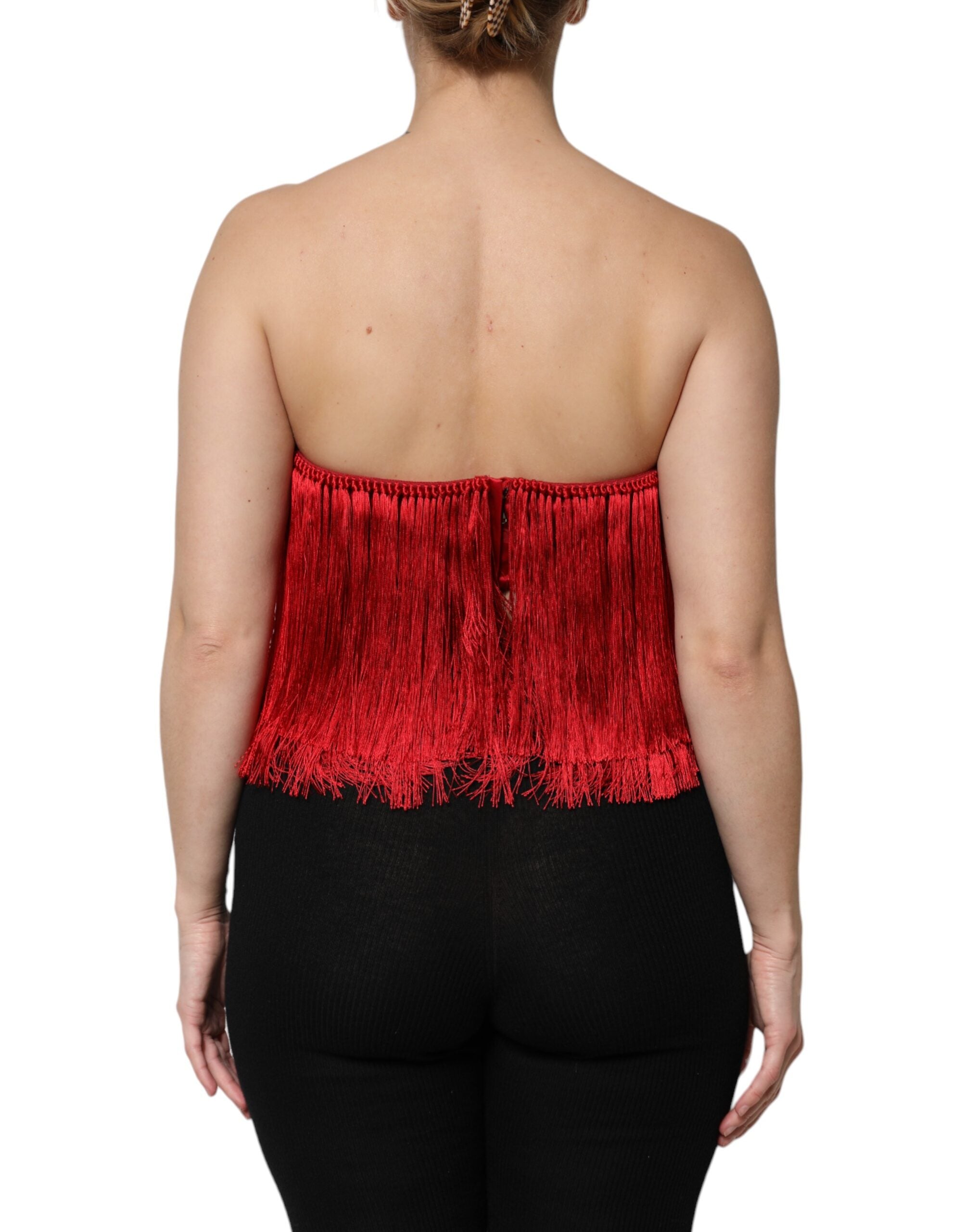 Red Silk Strapless Fringe Crop Tube Top - ventzia