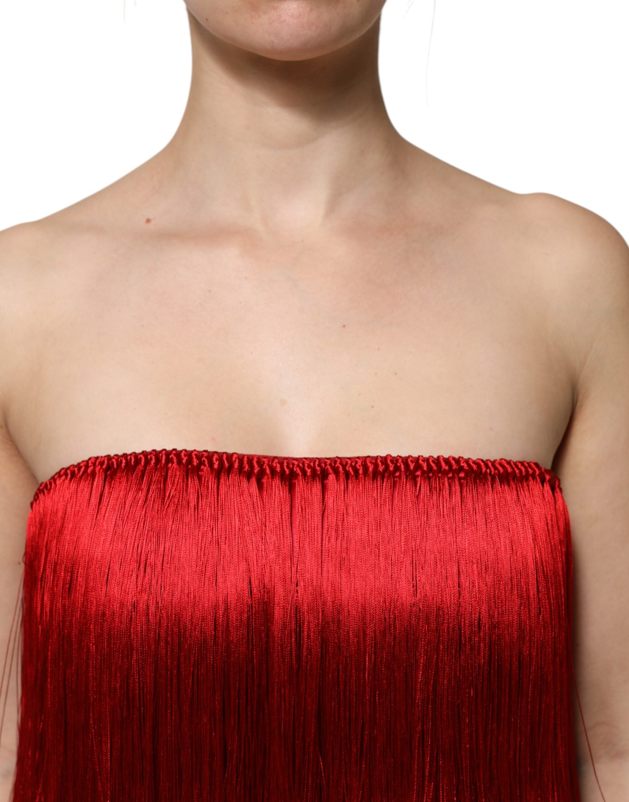 Red Silk Strapless Fringe Crop Tube Top - ventzia