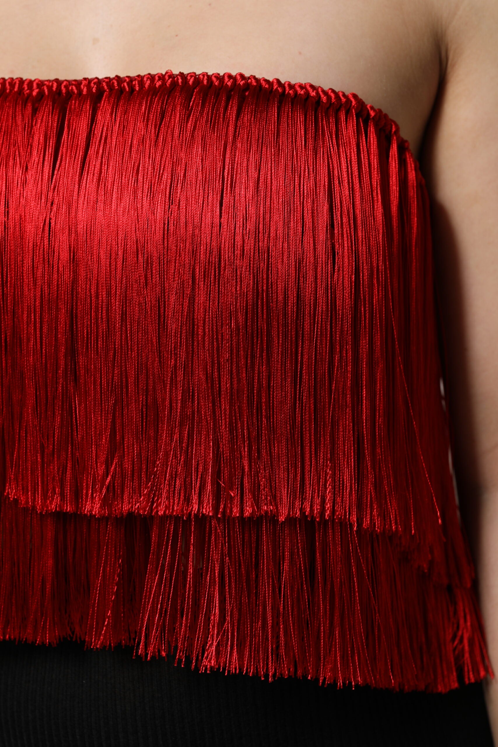 Red Silk Strapless Fringe Crop Tube Top - ventzia