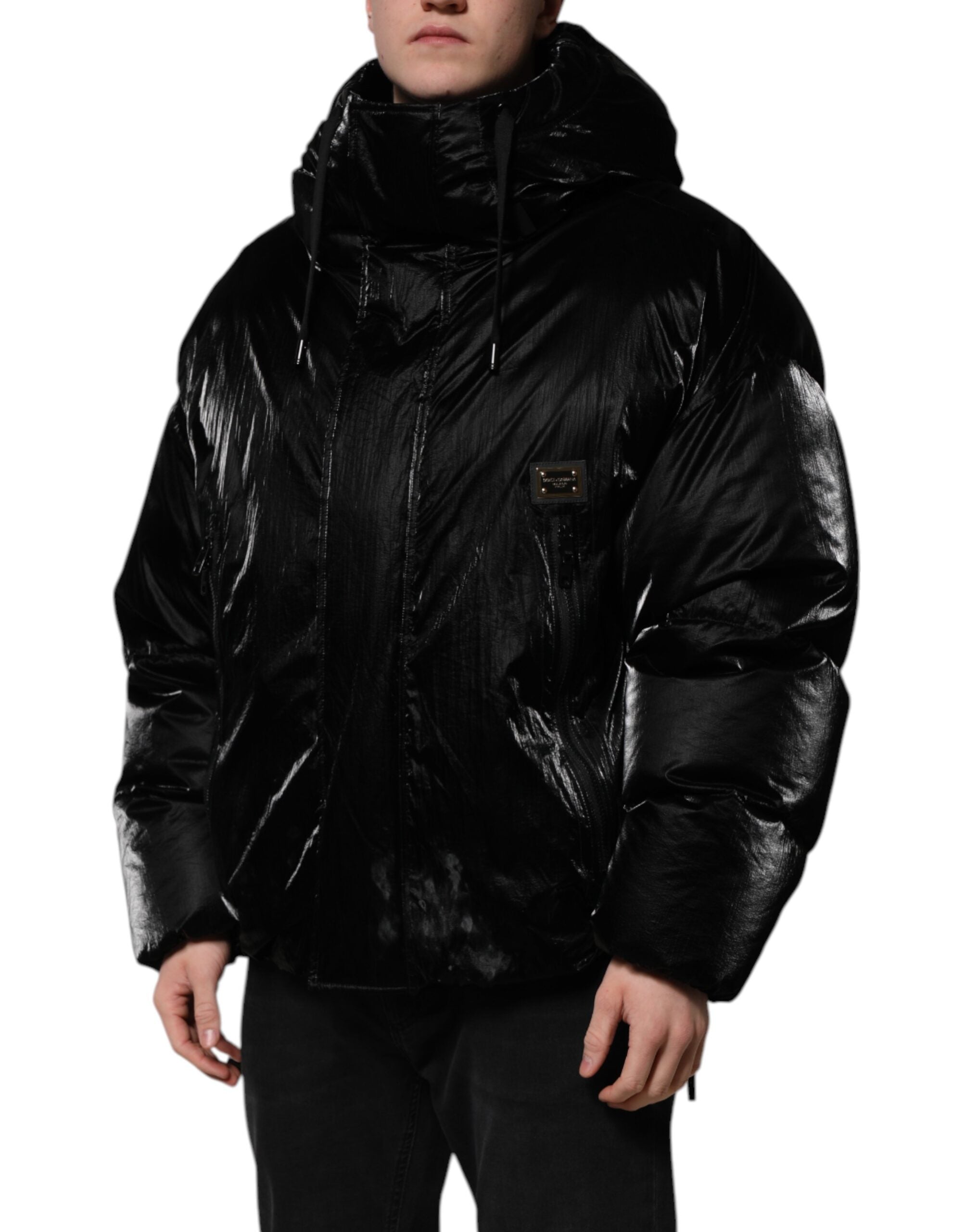 Black Logo Full Zip Hooded Quilted Jacket - ventzia