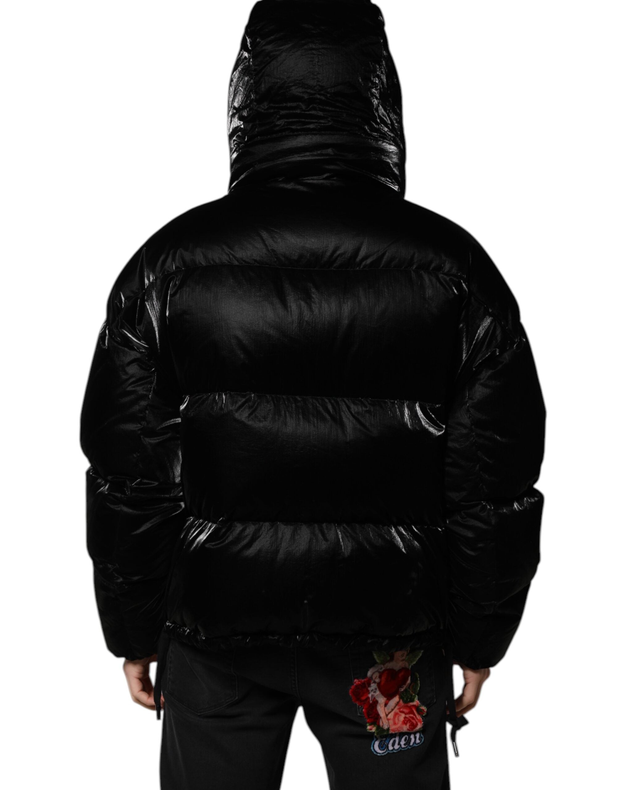 Black Logo Full Zip Hooded Quilted Jacket - ventzia
