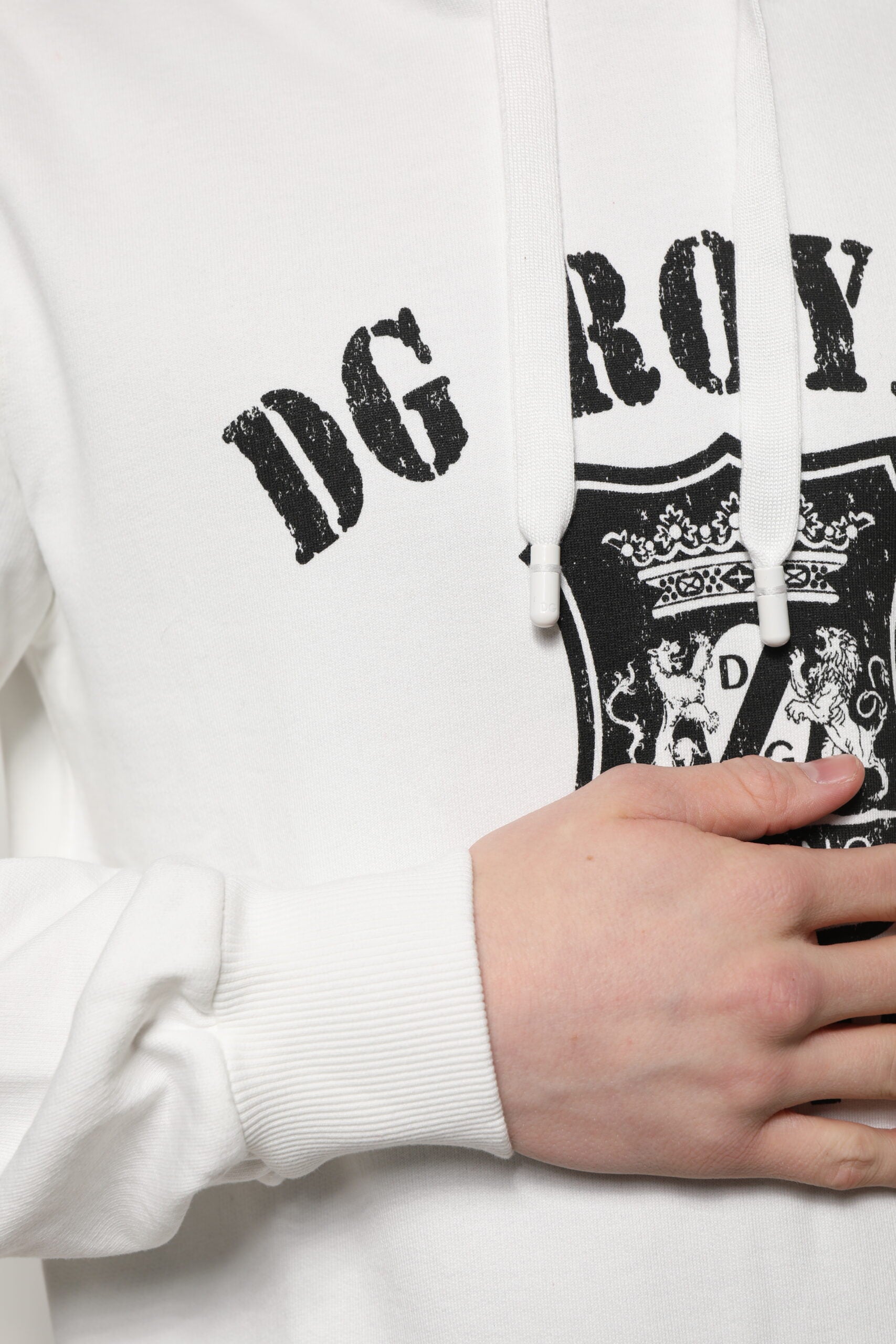 White Cotton DG ROYAL Print Hooded Sweater - ventzia
