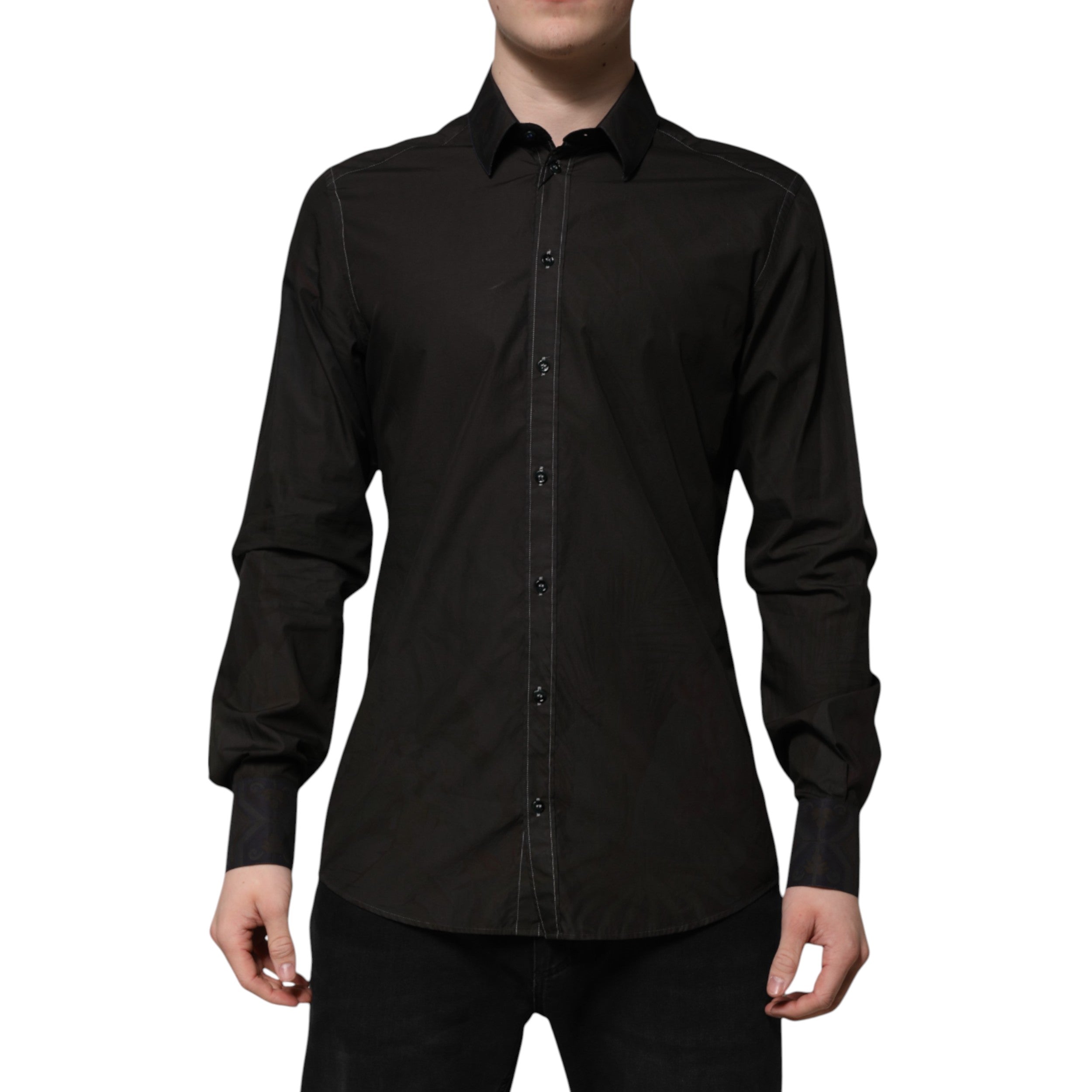 Black Cotton Jacquard GOLD Collar Dress Shirt - ventzia