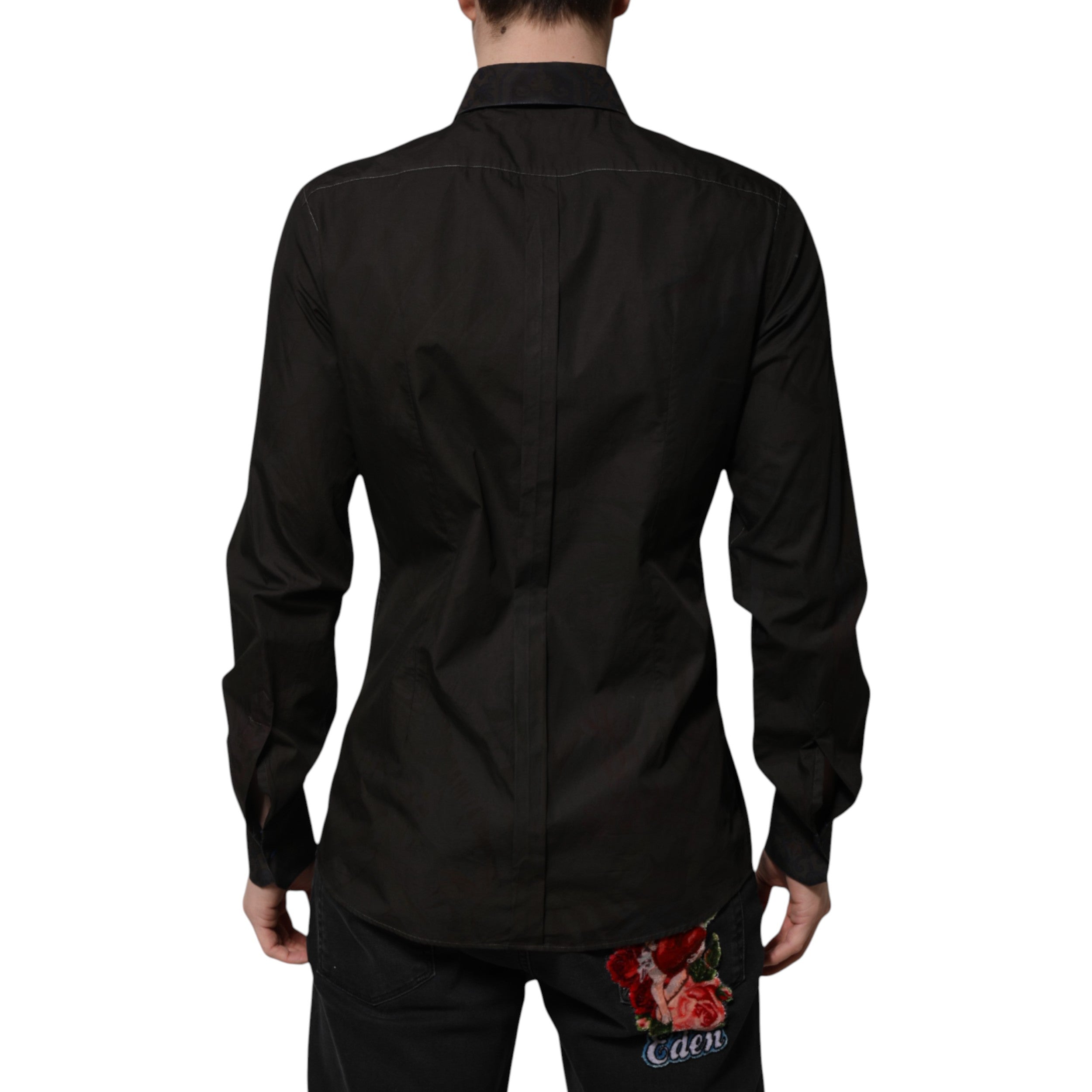 Black Cotton Jacquard GOLD Collar Dress Shirt - ventzia