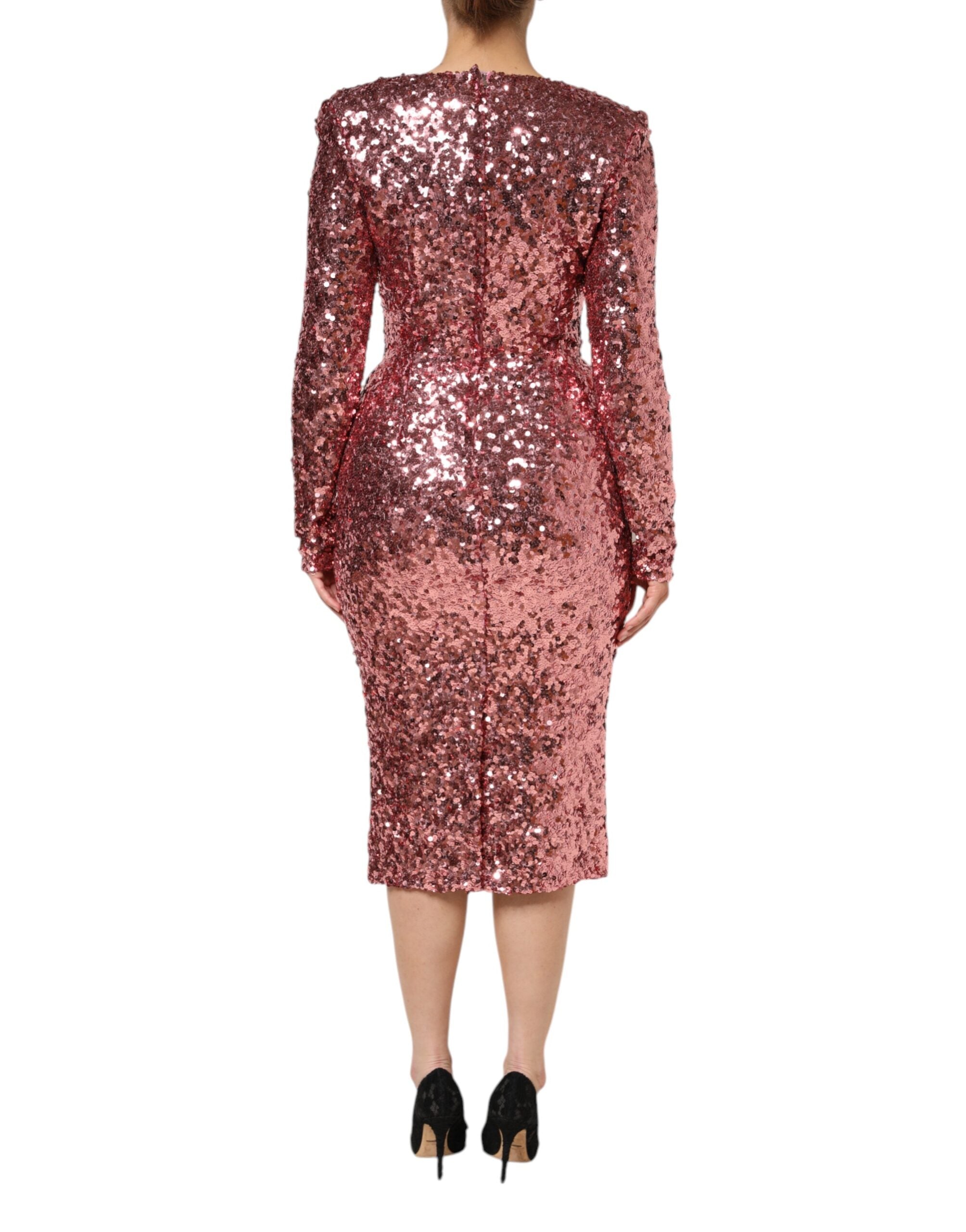 Pink Sequin Statement Nylon Midi V-Neck Dress - ventzia