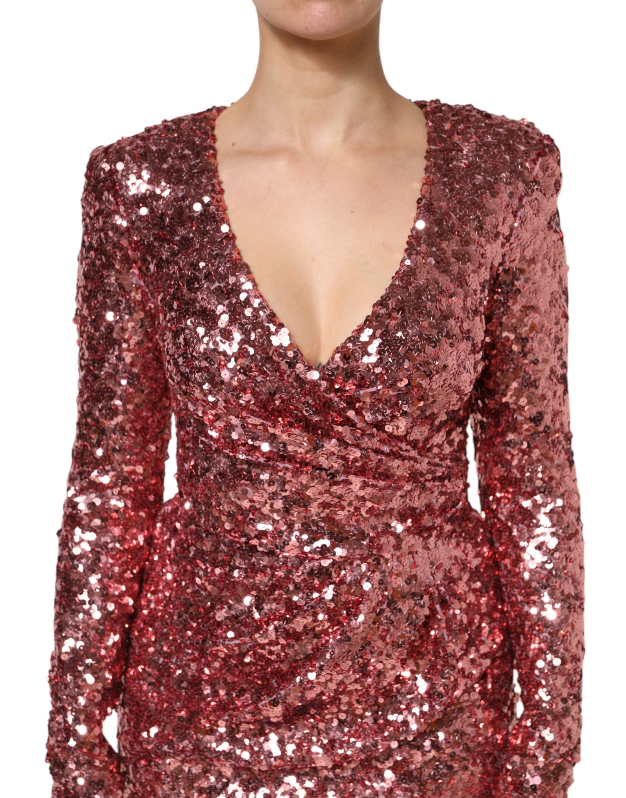 Pink Sequin Statement Nylon Midi V-Neck Dress - ventzia