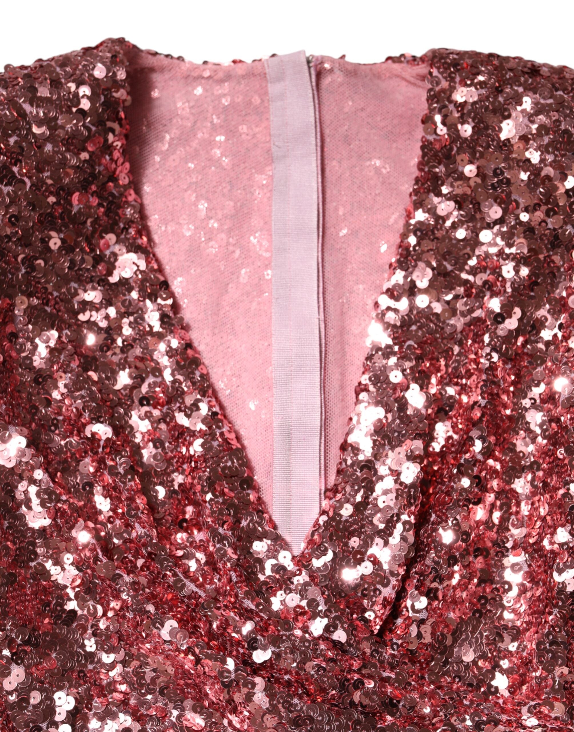 Pink Sequin Statement Nylon Midi V-Neck Dress - ventzia