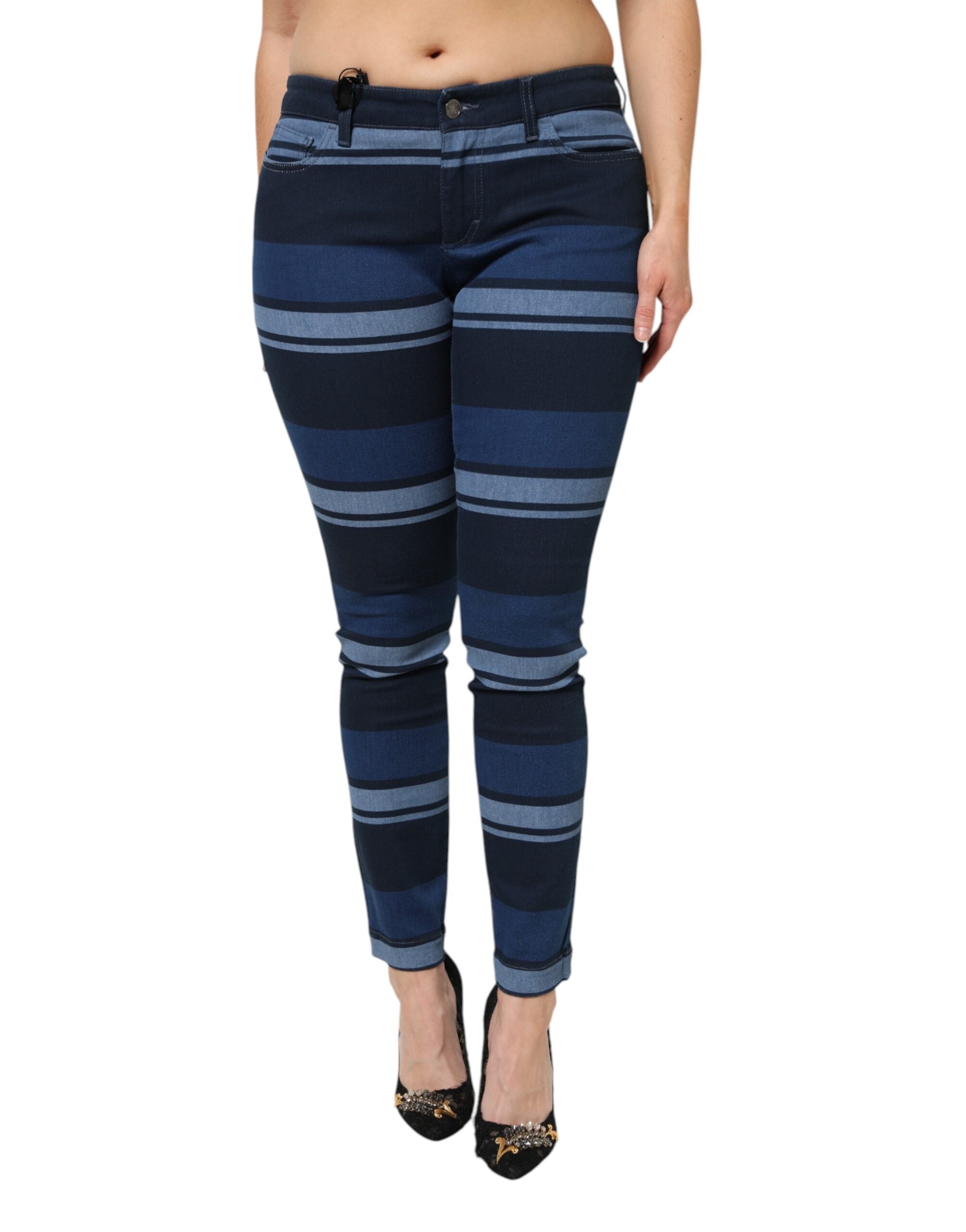 Blue Striped Cotton Stretch Denim Jeans - ventzia