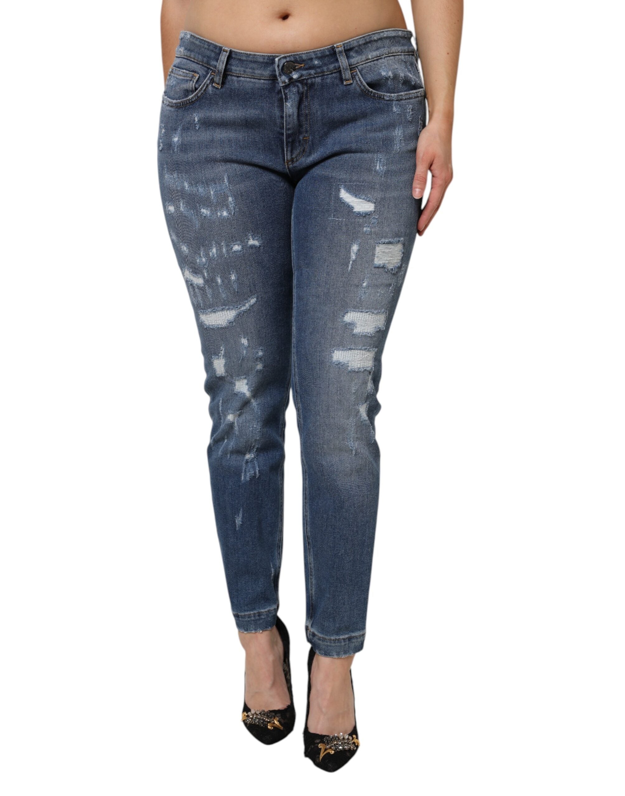 Blue Tattered Cotton Low Waist Denim Jeans - ventzia