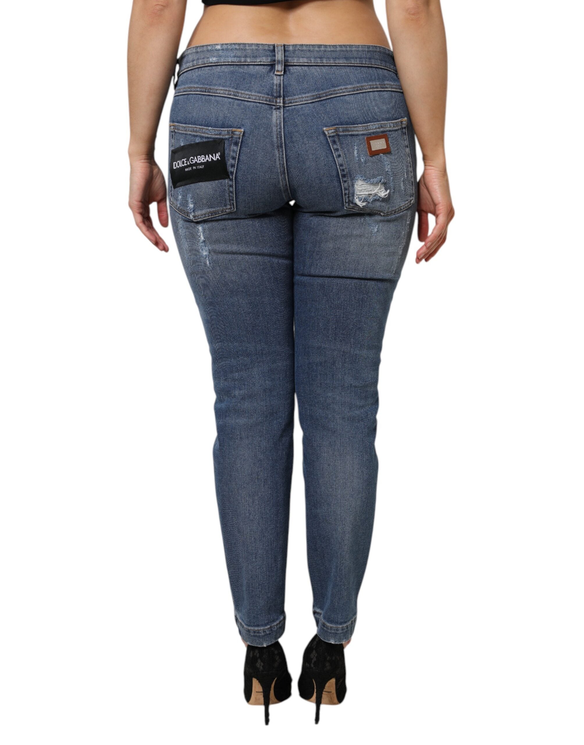 Blue Tattered Cotton Low Waist Denim Jeans - ventzia
