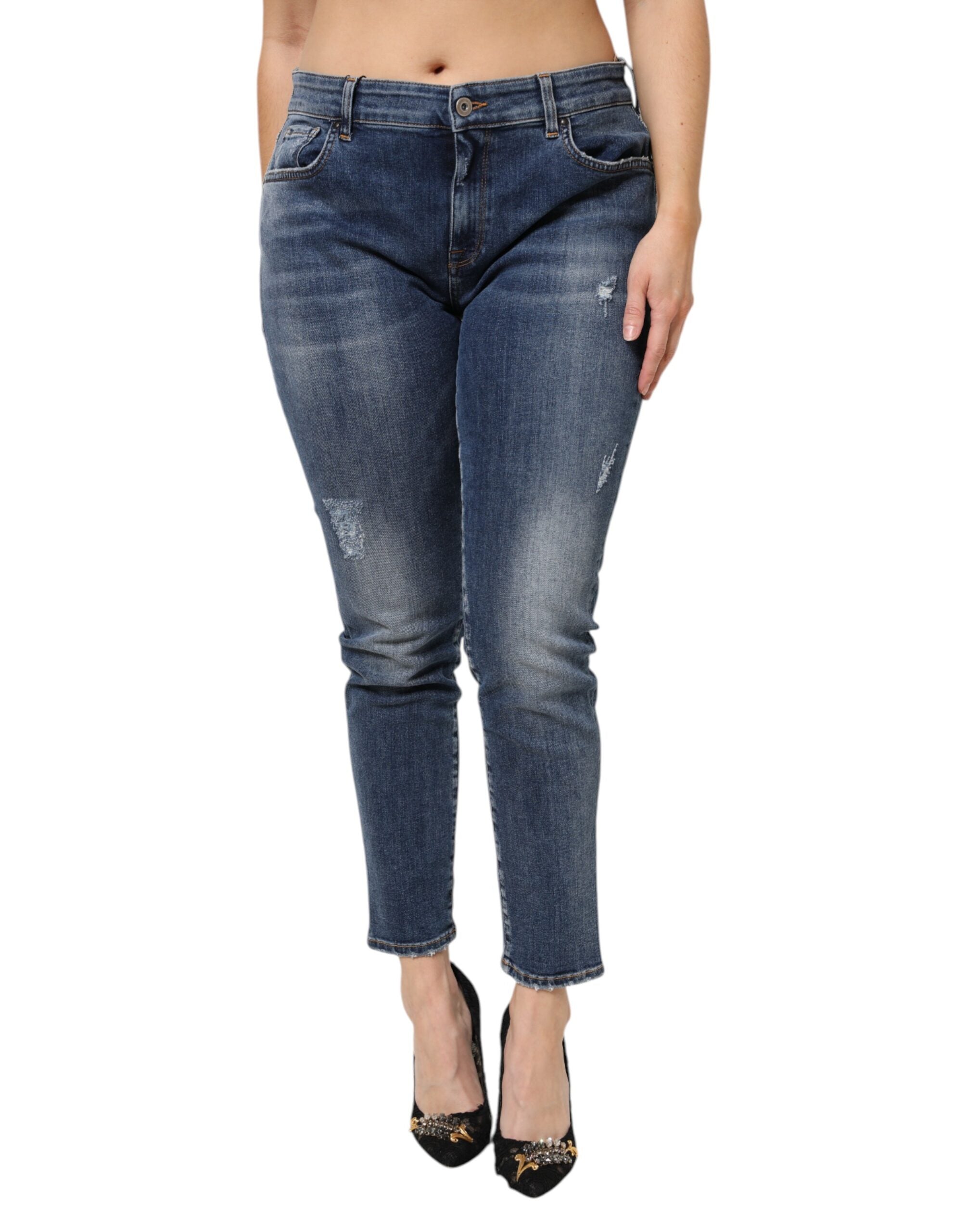 Blue Washed Cotton Low Waist Denim Jeans - ventzia