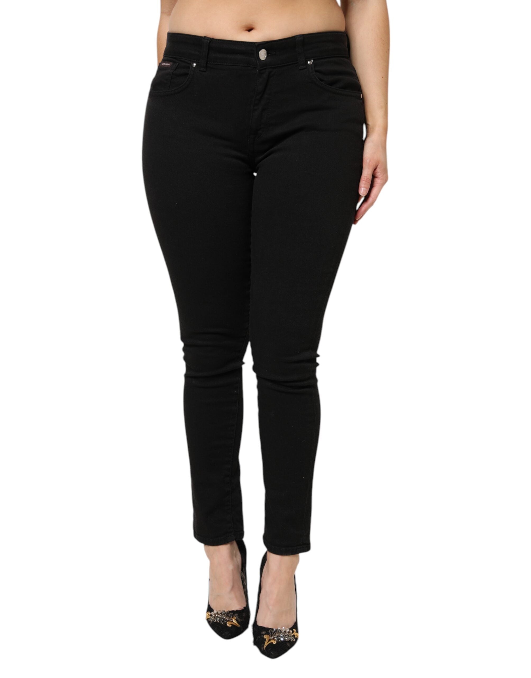Black Cotton Mid Waist Denim Jeans - ventzia