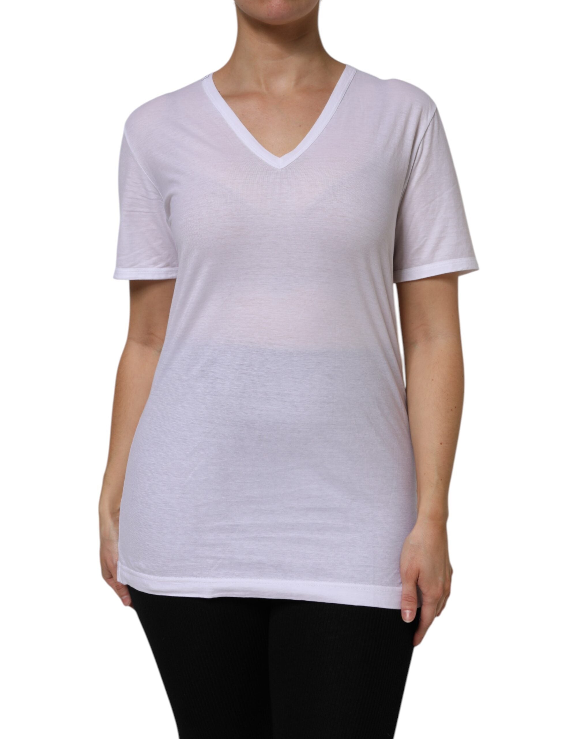 White Cotton Short Sleeves V-Neck Top T-shirt - ventzia