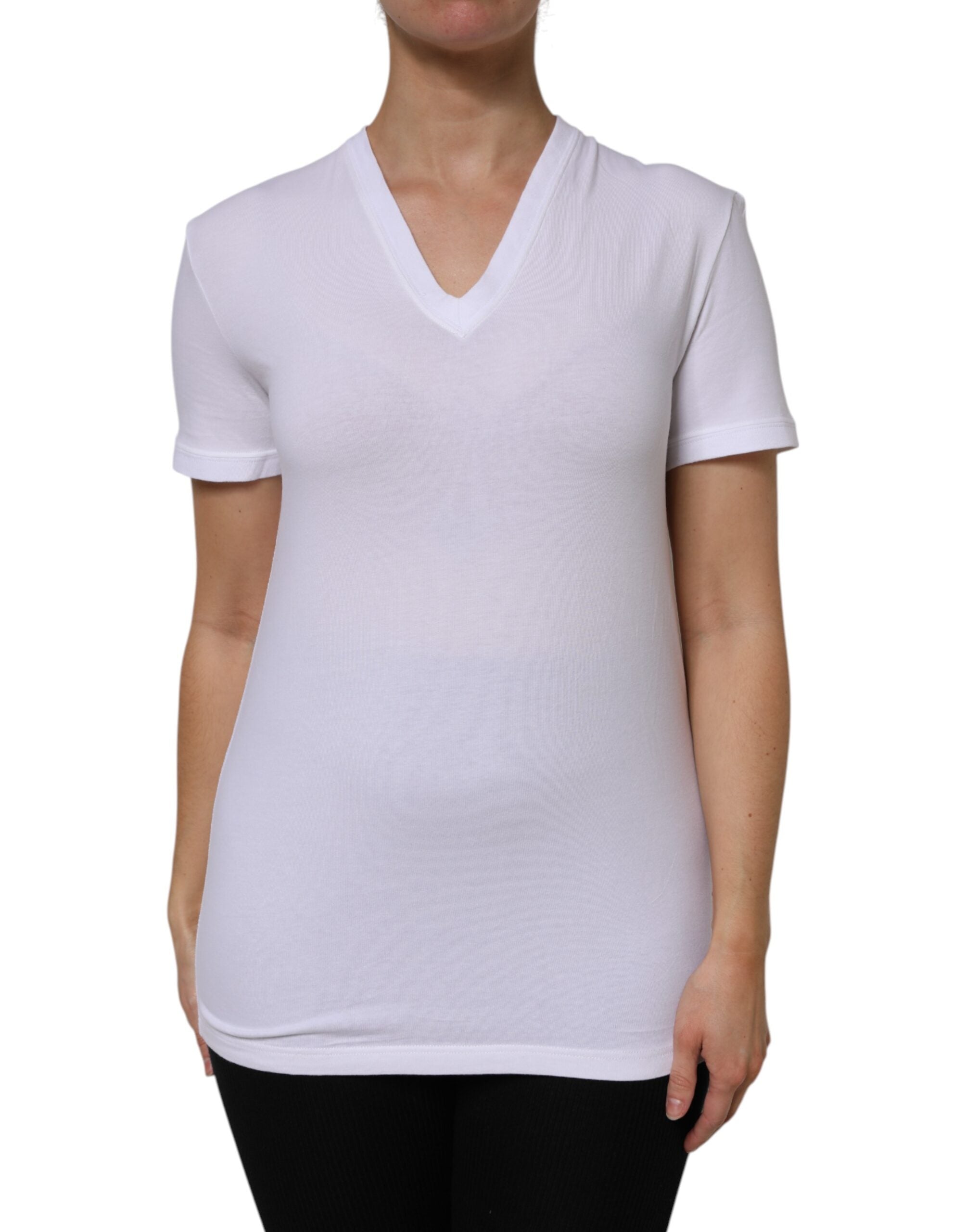 White Cotton Short Sleeves V-Neck Top T-shirt - ventzia