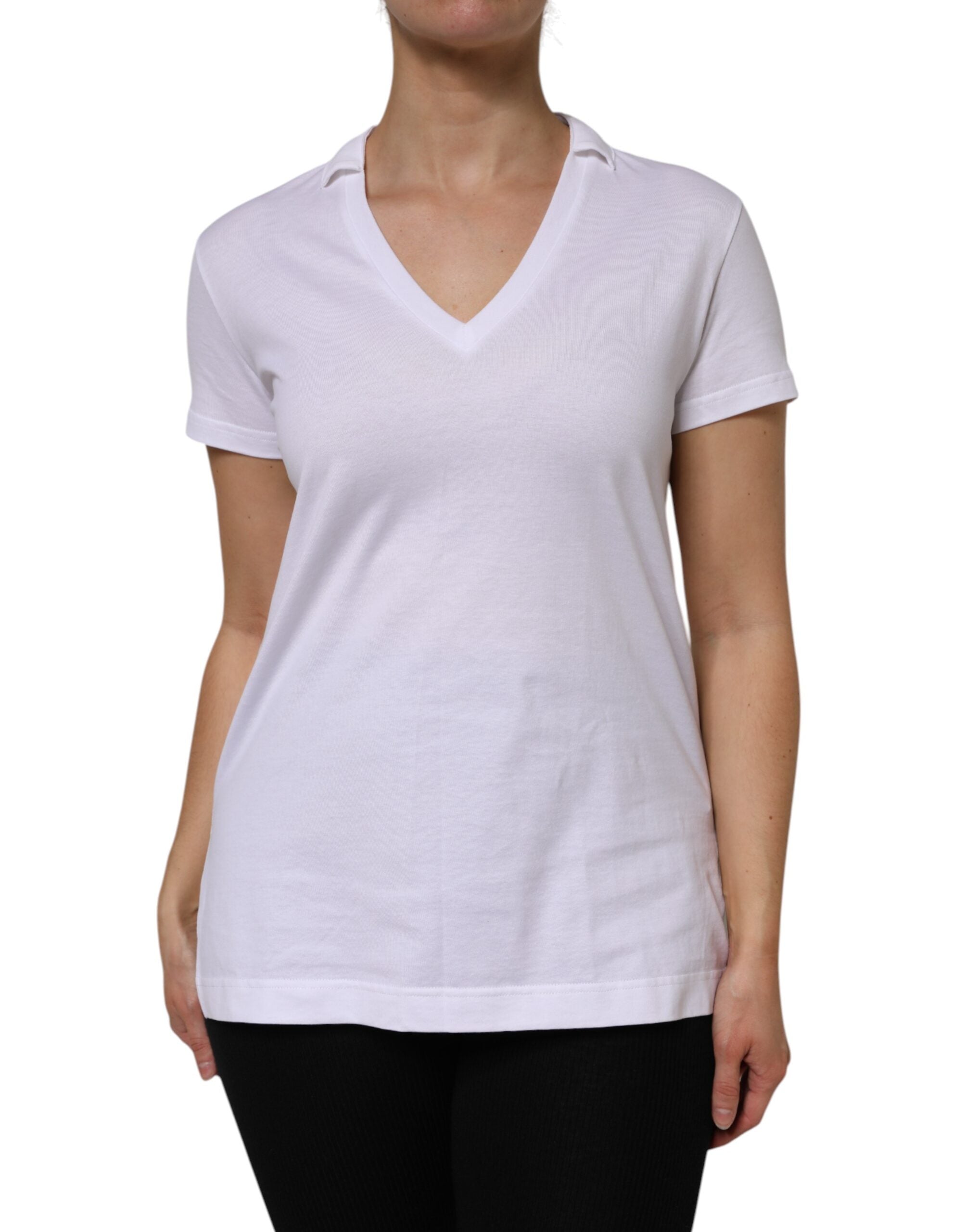 White Cotton Short Sleeve V-Neck Top T-shirt - ventzia