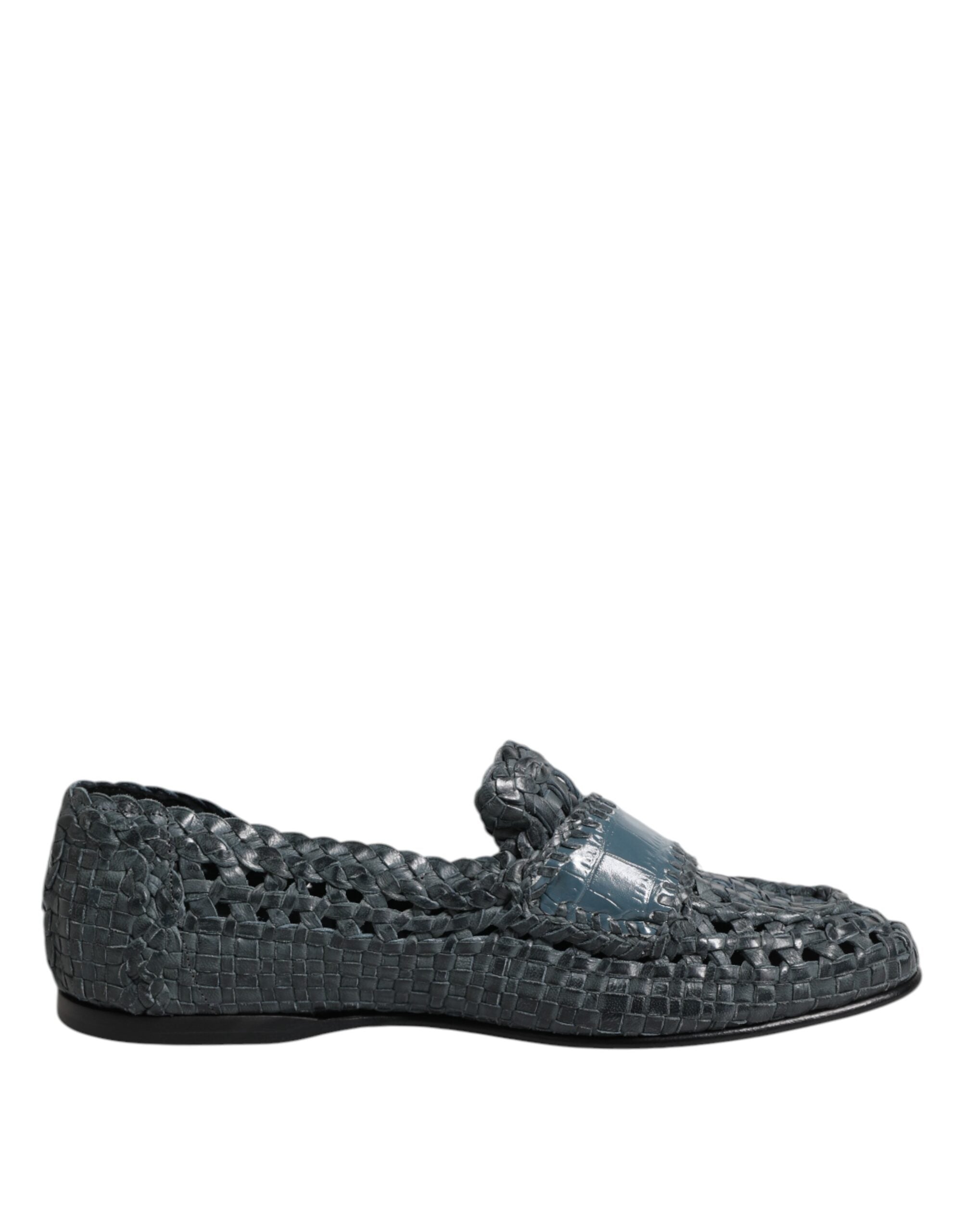 Blue Woven Leather Slip On Loafers Shoes - ventzia