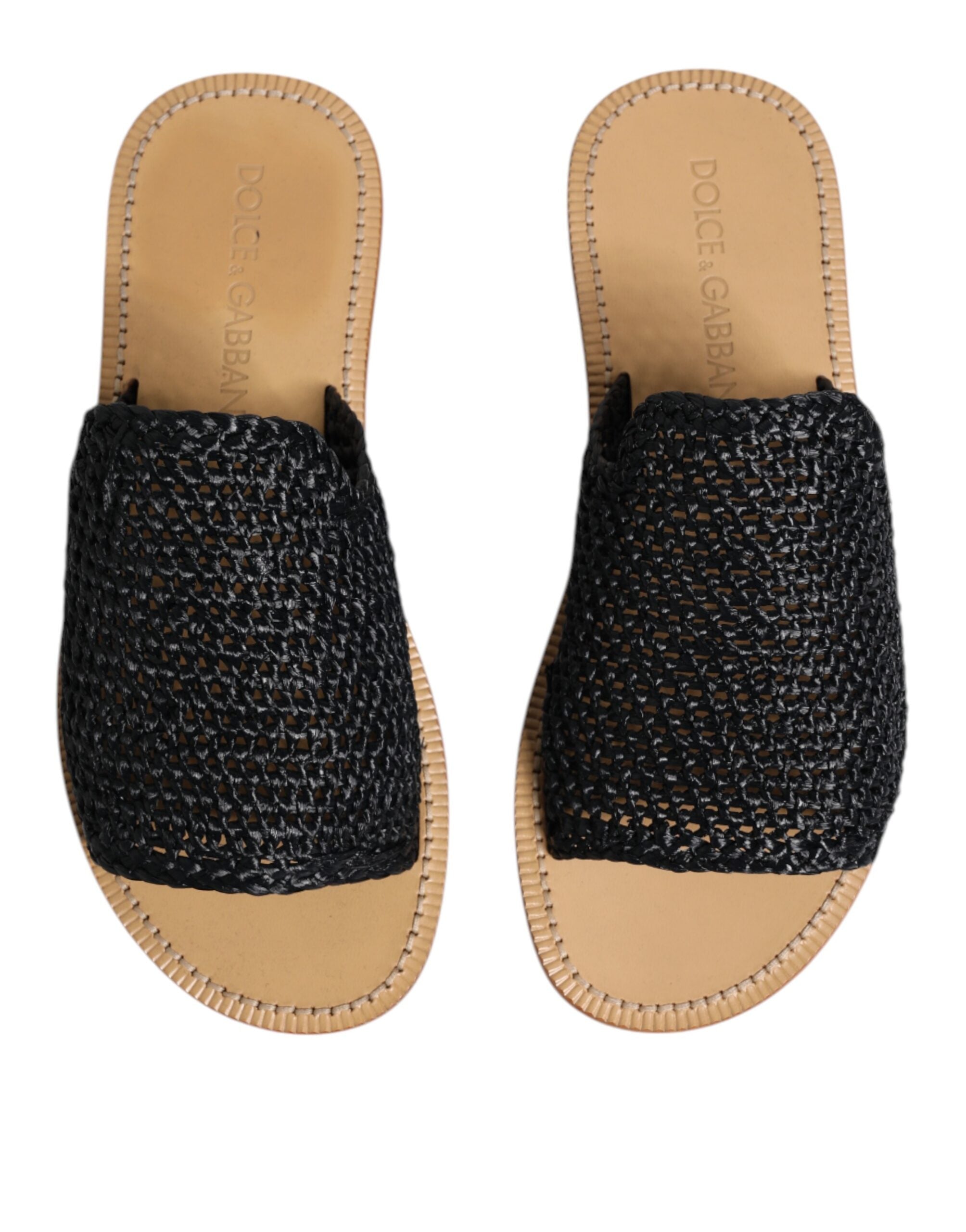 Black Monochrome Braided Raffia Slides Shoes - ventzia