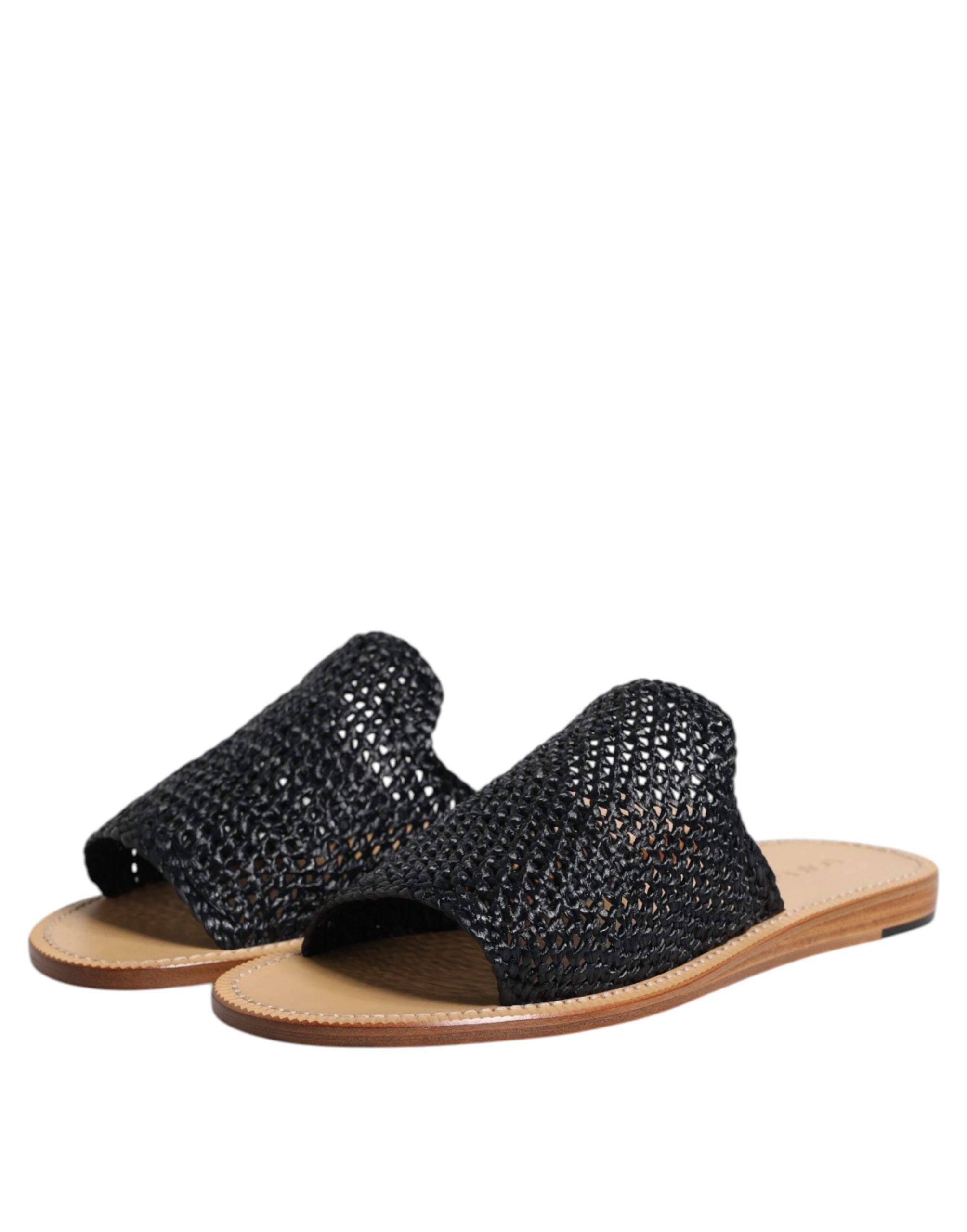 Black Monochrome Braided Raffia Slides Shoes - ventzia