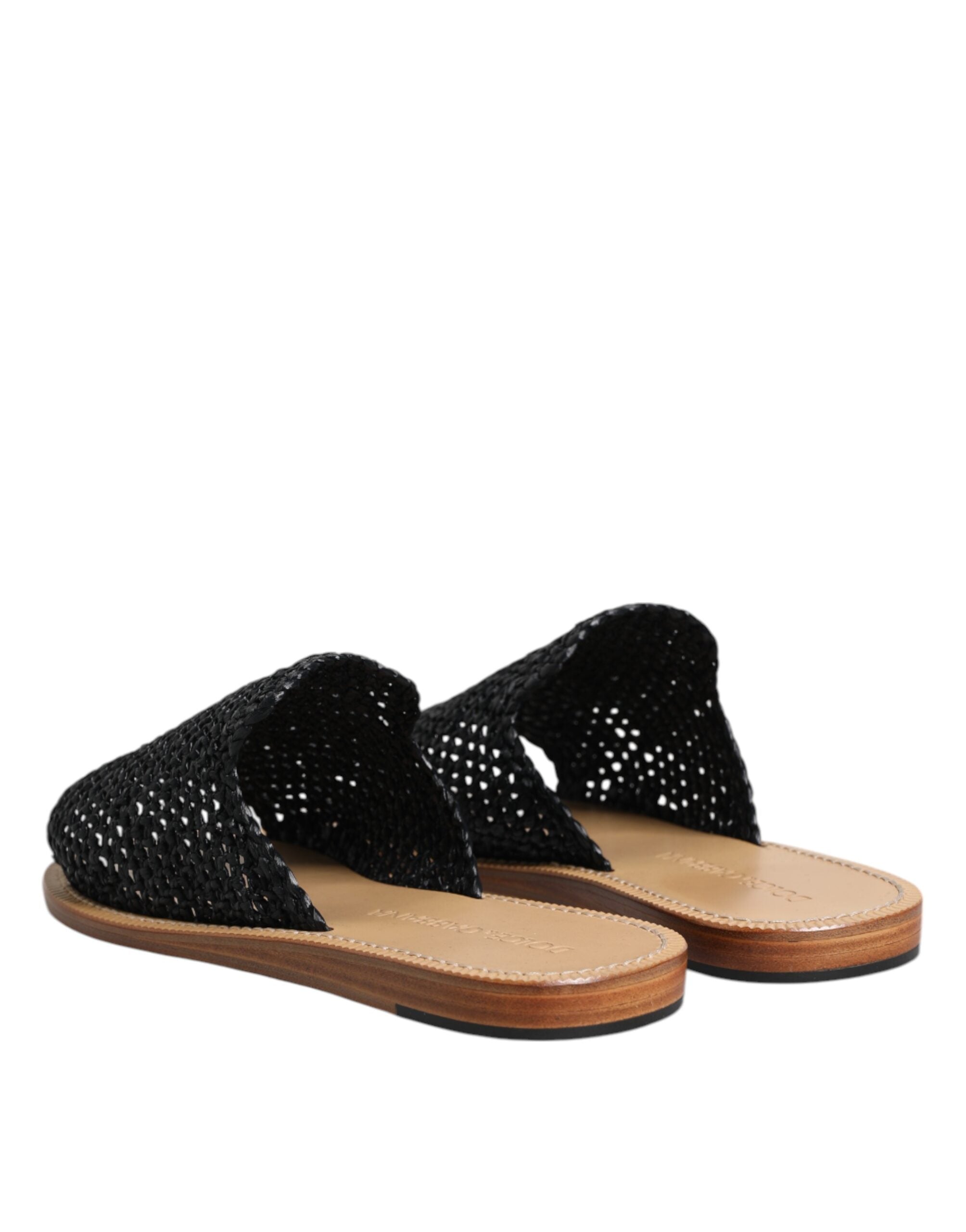 Black Monochrome Braided Raffia Slides Shoes - ventzia