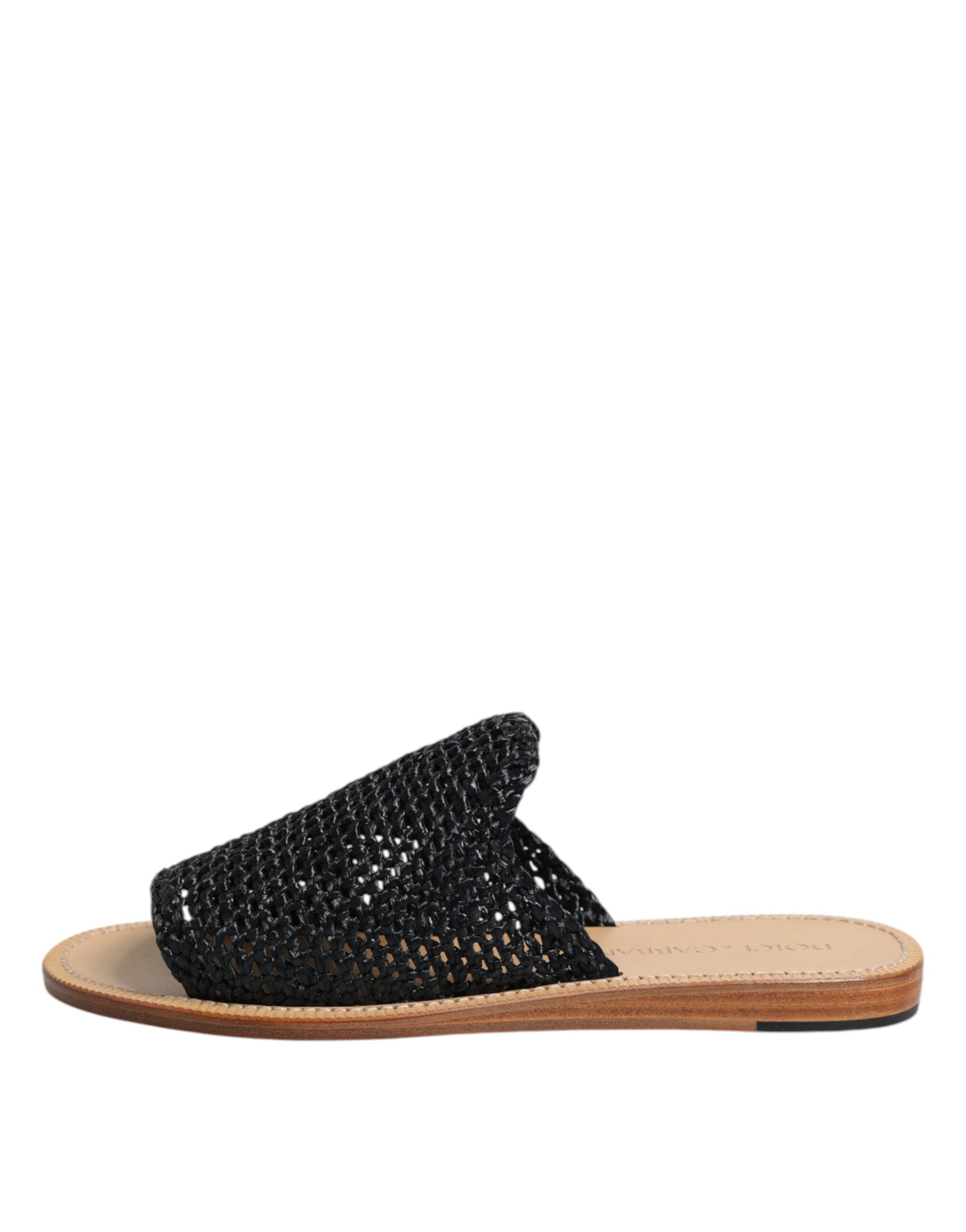 Black Monochrome Braided Raffia Slides Shoes - ventzia
