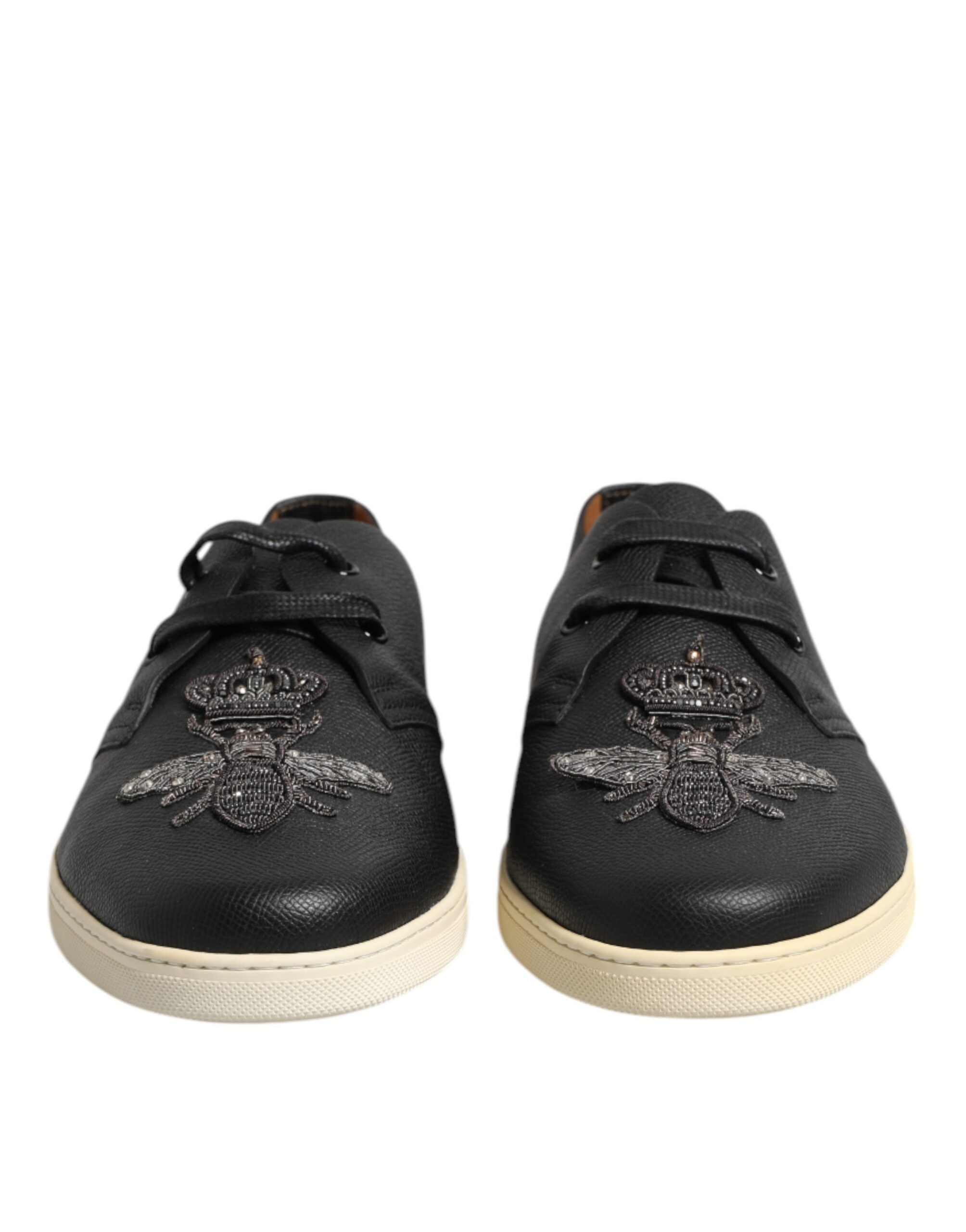 Black Leather Bee Crown Low Top Sneakers Shoes - ventzia