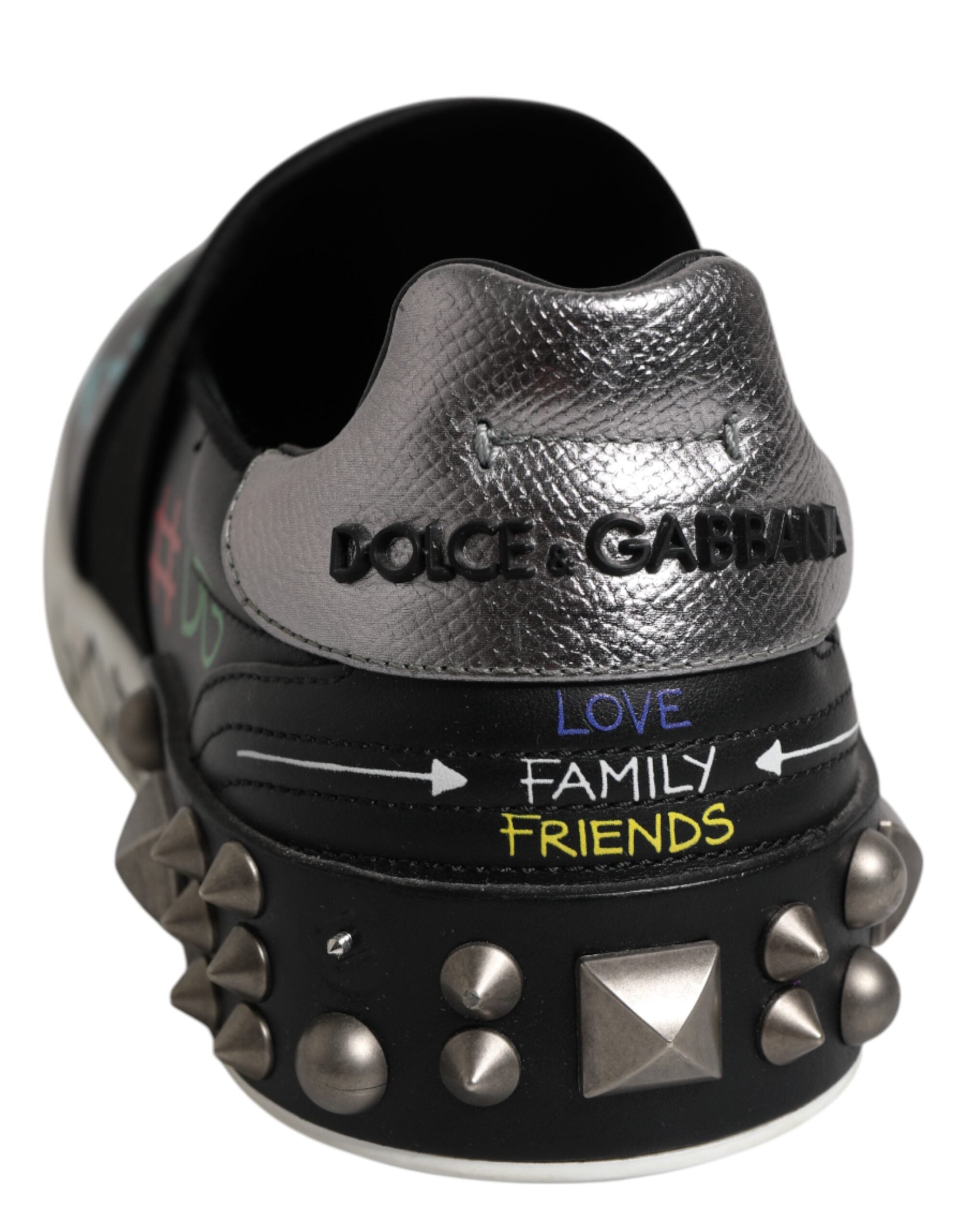 Black Leather Studded Graffiti Sneakers Shoes - ventzia