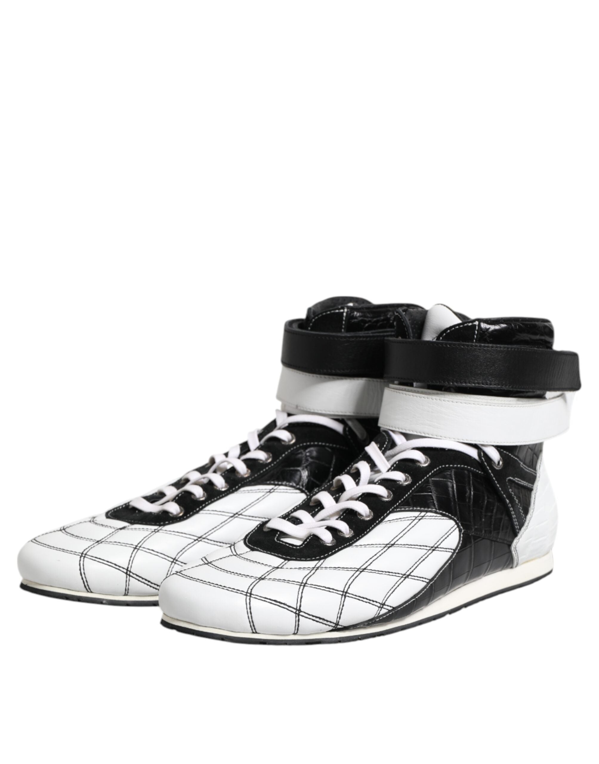 Black White Leather High Top Sneakers Shoes - ventzia