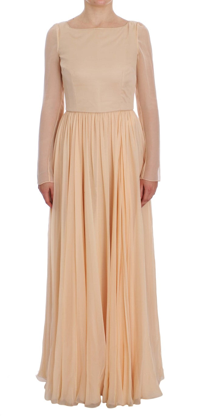 Elegant Beige Silk Full Length Sheath Dress - ventzia