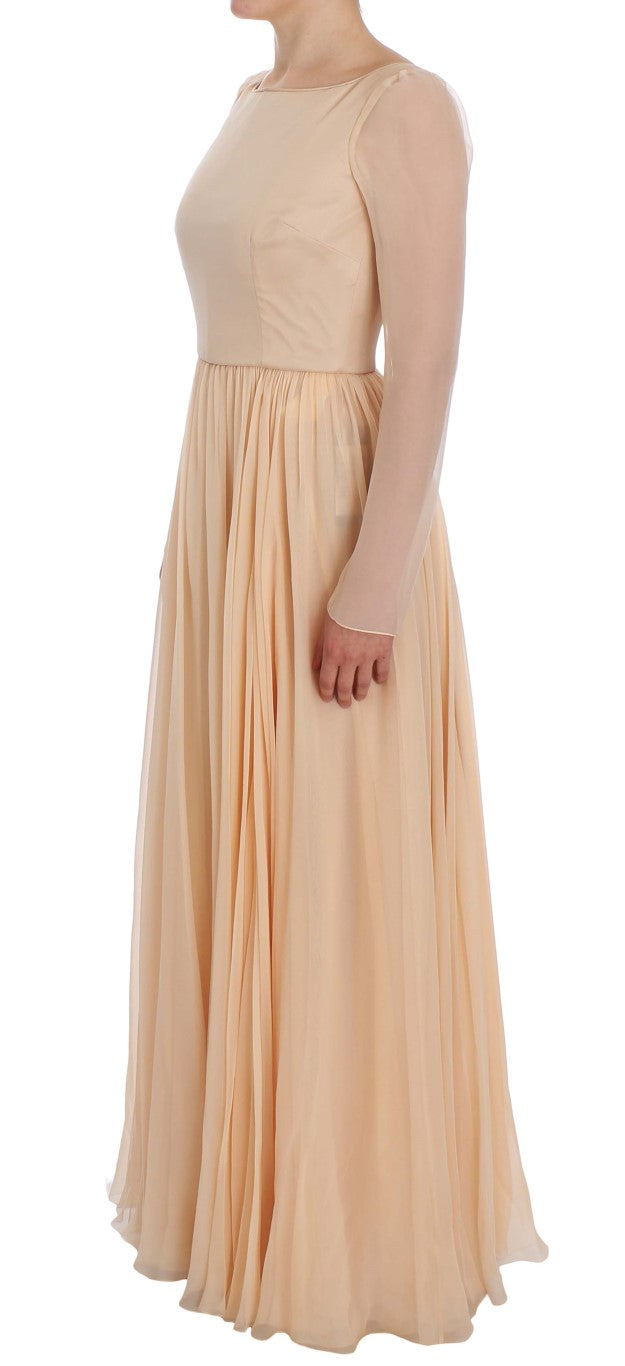 Elegant Beige Silk Full Length Sheath Dress - ventzia